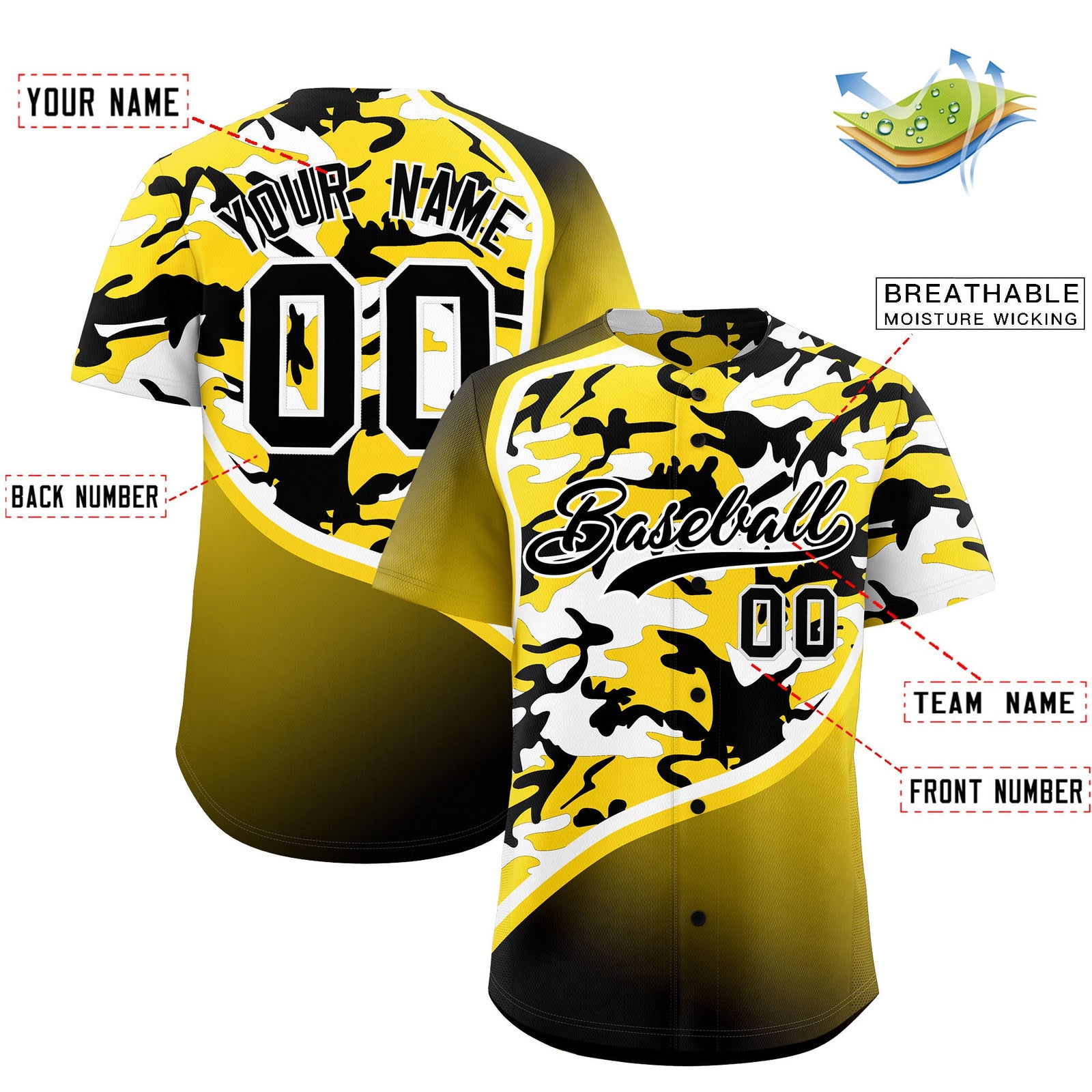 Custom Gold Black White Camo Gradient Fashion Baseball Jersey | Perfect for Training,Sublimation Printed & Stitched,Add Name and Numbern,Perfect for Teams | KXKSHOP