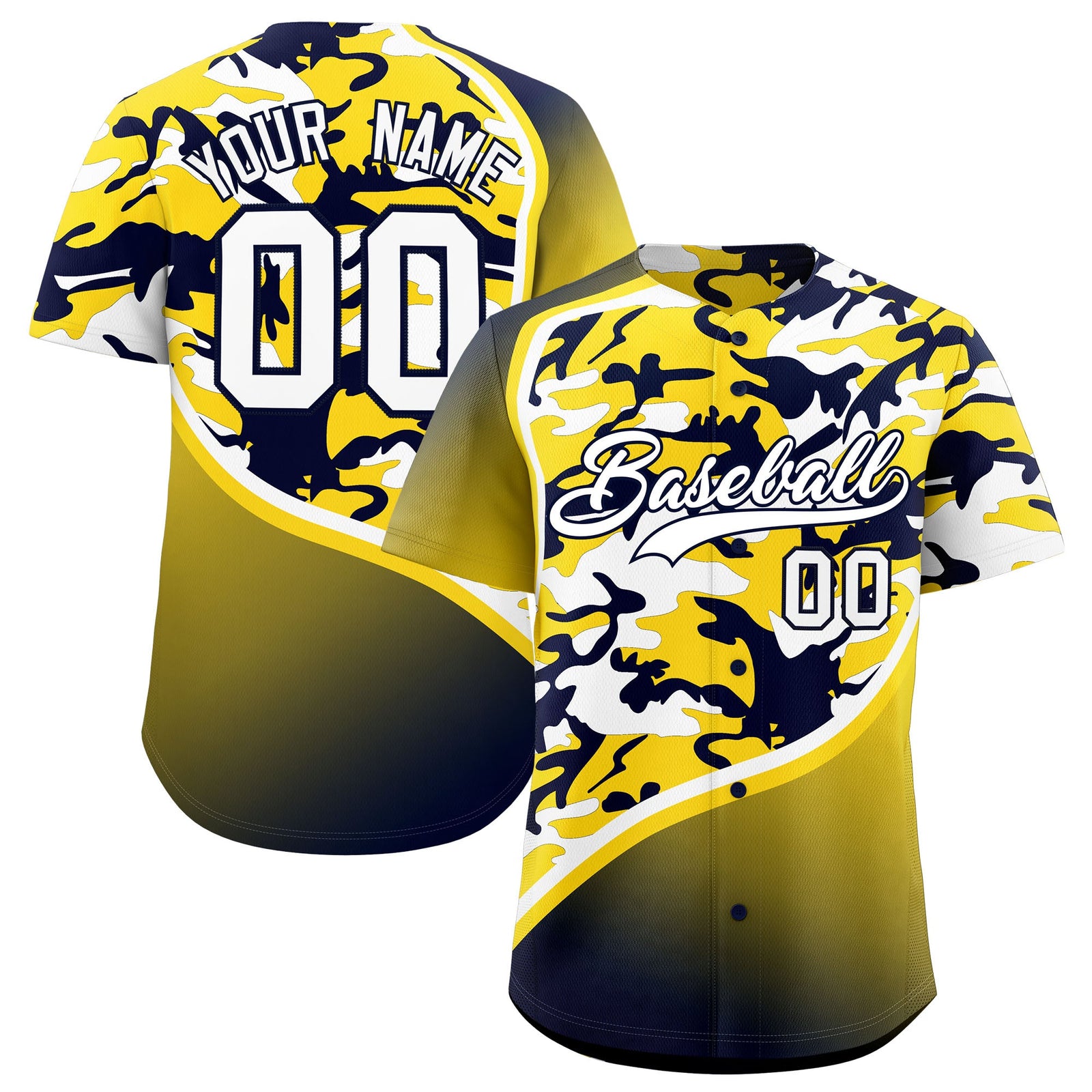 Custom Gold Navy White Camo Gradient Fashion Baseball Jersey | Perfect for Training,Sublimation Printed & Stitched,Add Name and Numbern,Perfect for Teams | KXKSHOP