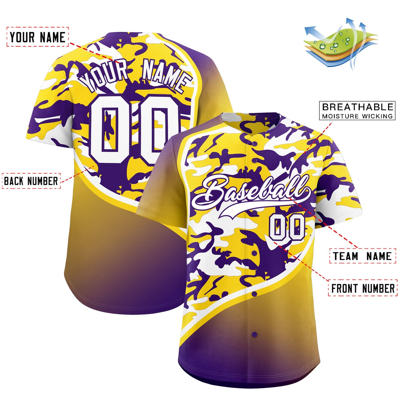 Custom Gold Purple White Camo Gradient Fashion Baseball Jersey | Perfect for Training,Sublimation Printed & Stitched,Add Name and Numbern,Perfect for Teams | KXKSHOP