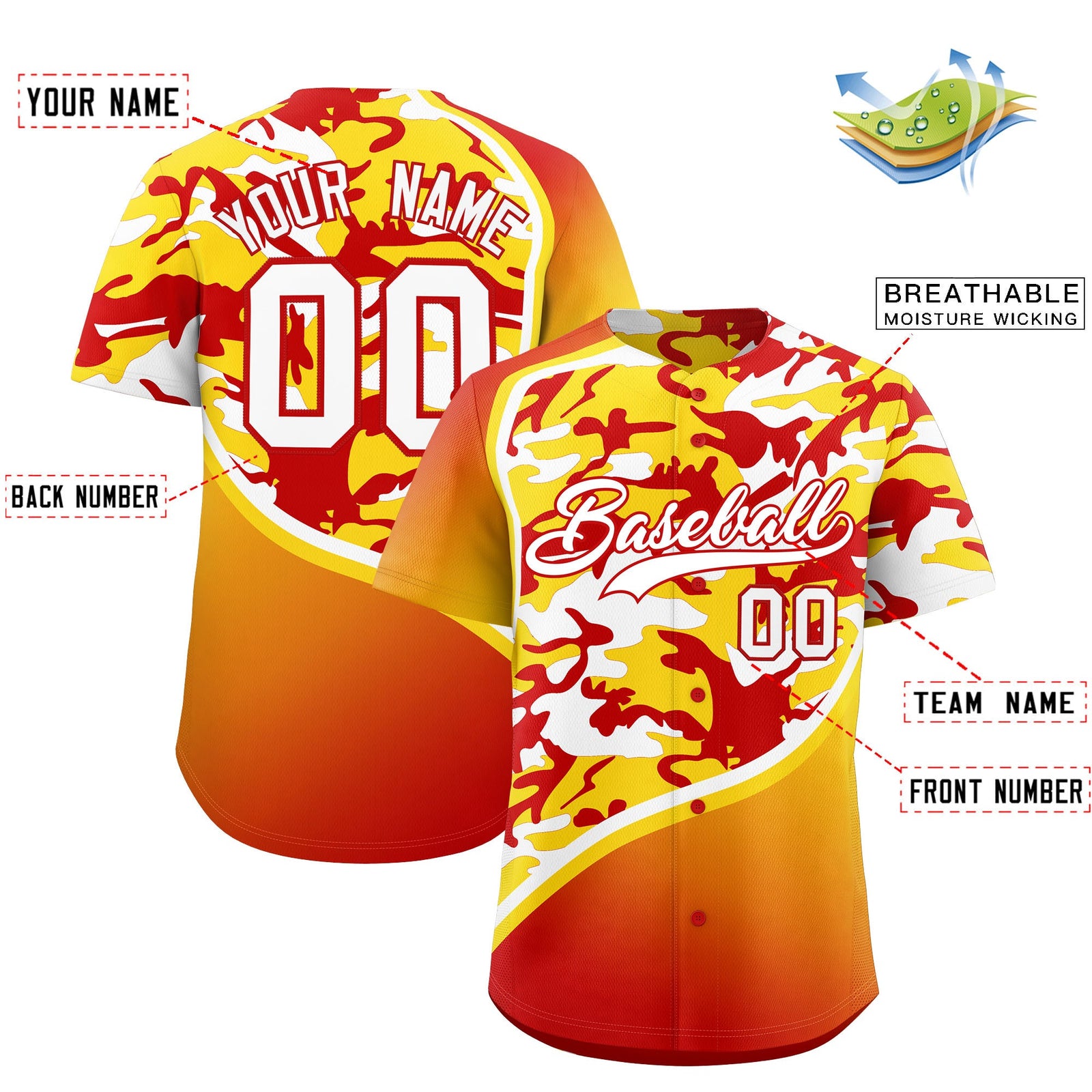 Custom Gold Red White Camo Gradient Fashion Baseball Jersey | Perfect for Training,Sublimation Printed & Stitched,Add Name and Numbern,Perfect for Teams | KXKSHOP