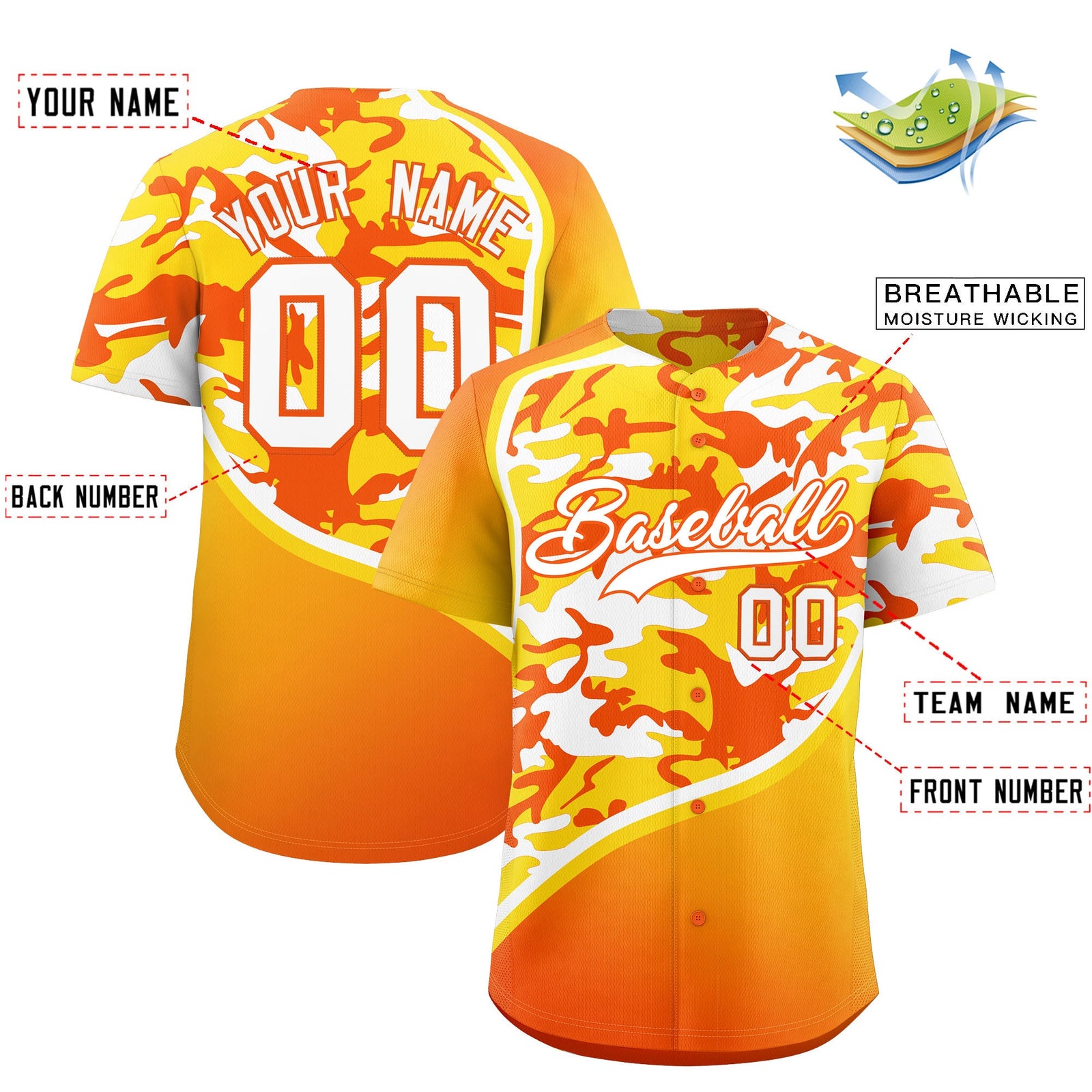 Custom Gold Orange White Camo Gradient Fashion Baseball Jersey | Perfect for Training,Sublimation Printed & Stitched,Add Name and Numbern,Perfect for Teams | KXKSHOP