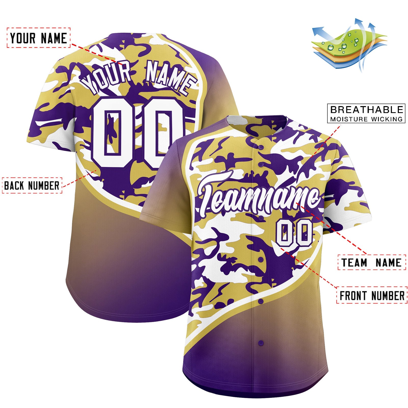 Custom Old Gold Purple White Camo Gradient Fashion Baseball Jersey | Perfect for Training,Sublimation Printed & Stitched,Add Name and Numbern,Perfect for Teams | KXKSHOP