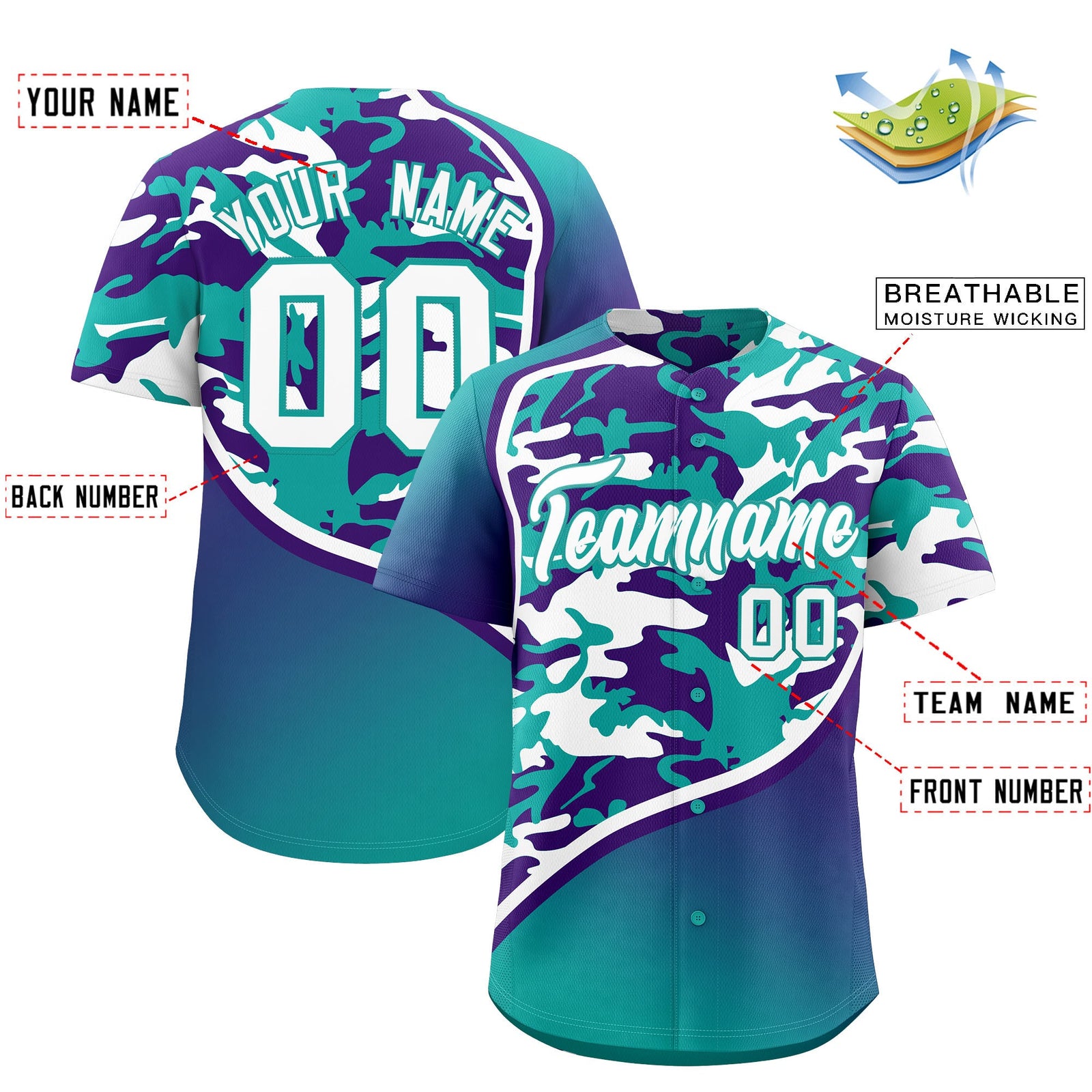 Custom Aqua Purple White Camo Gradient Fashion Baseball Jersey | Perfect for Training,Sublimation Printed & Stitched,Add Name and Numbern,Perfect for Teams | KXKSHOP