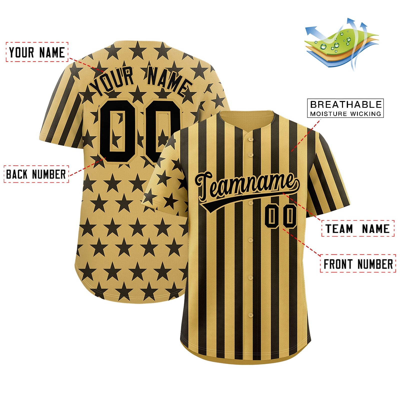 Custom Old Gold Black American Flag Graffiti Pattern Baseball Jersey| KXKSHOP