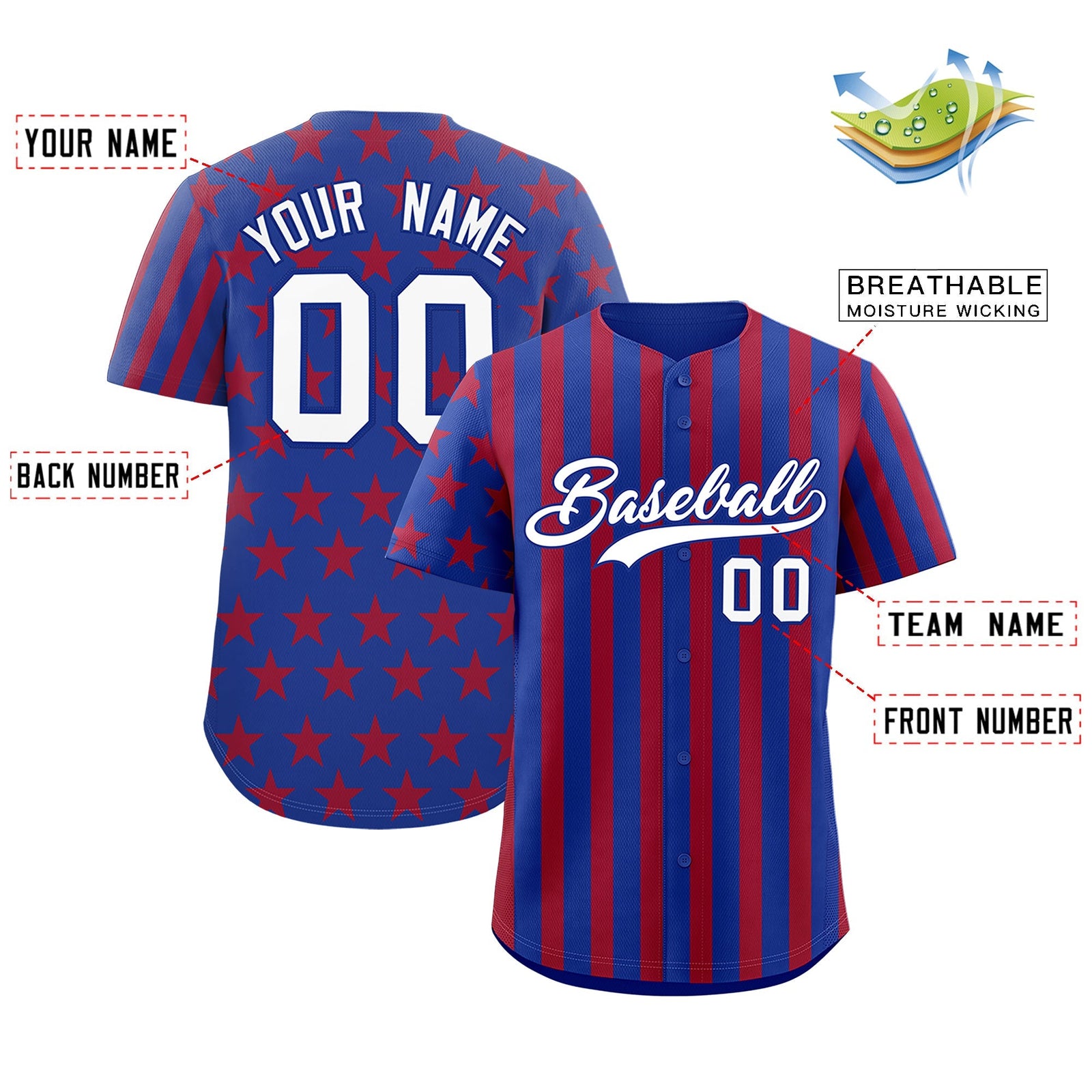 Custom Royal Blue Red American Flag Graffiti Pattern Baseball Jersey| KXKSHOP