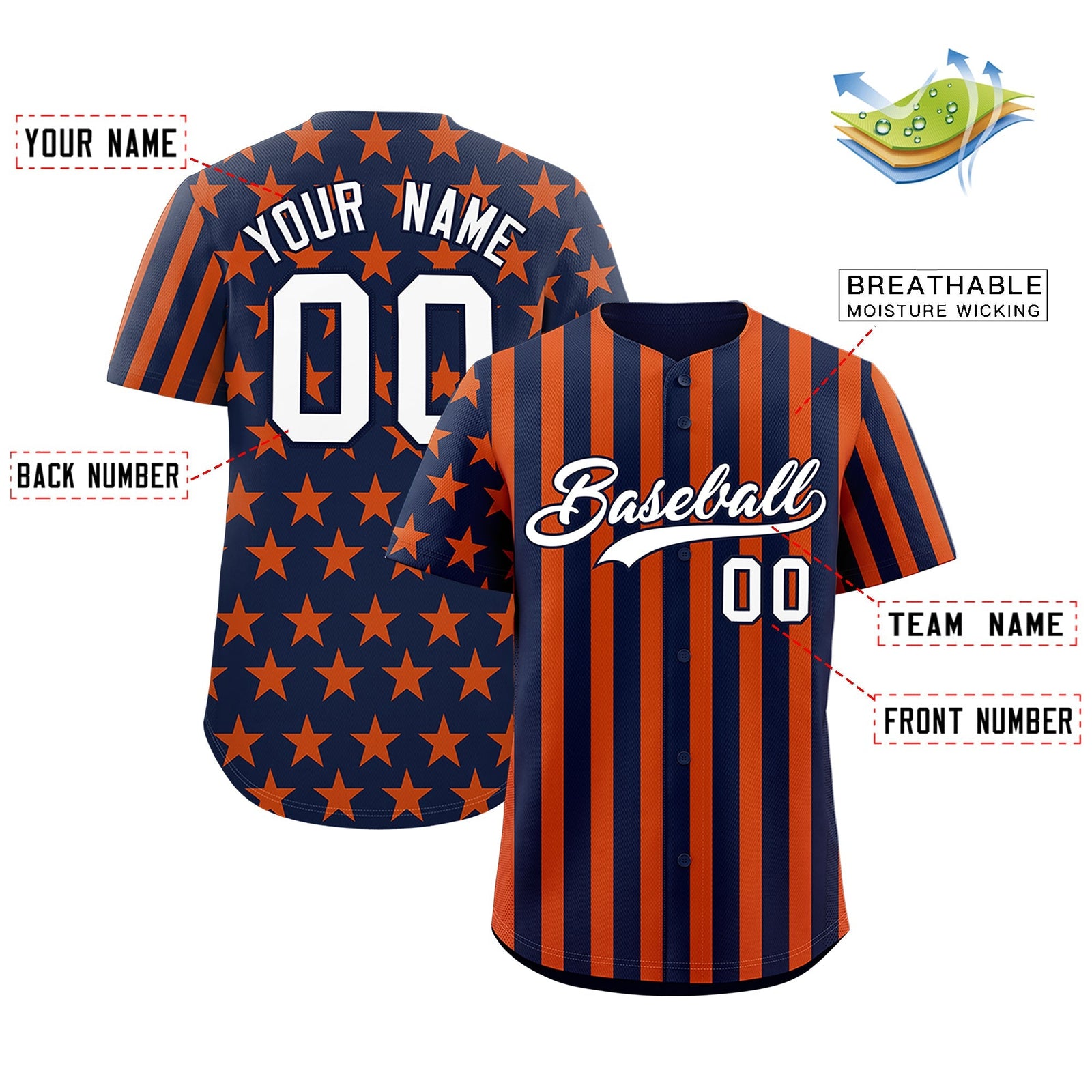 Custom Navy Orange White American Flag Graffiti Pattern Baseball Jersey| KXKSHOP
