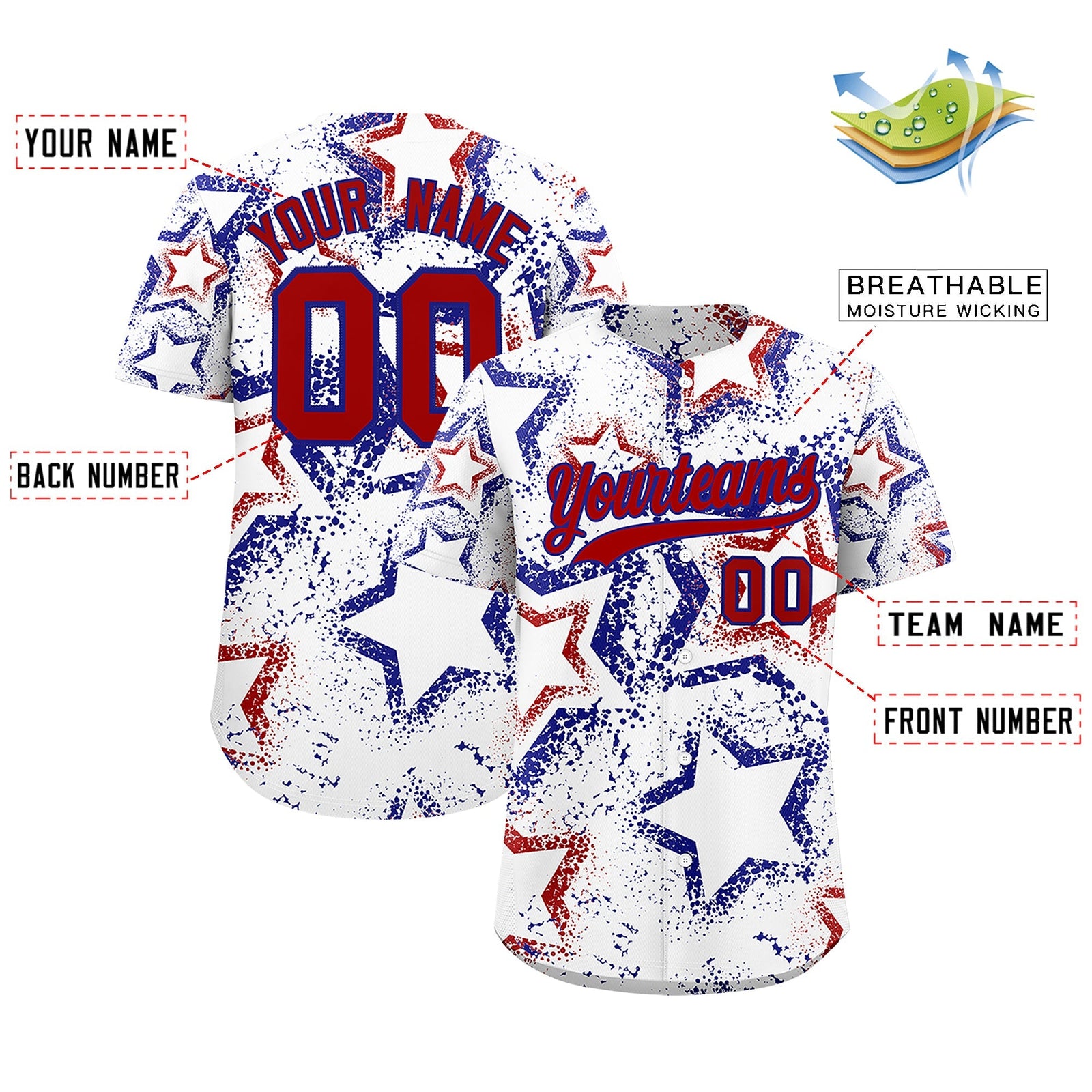 Custom White Royal Blue Red Star-Shaped Ink Texture Graffiti Pattern Baseball Jersey | Sublimation Printed & Stitched,Add Name and Numbern,Perfect for Parties,Perfect for Training | KXKSHOP