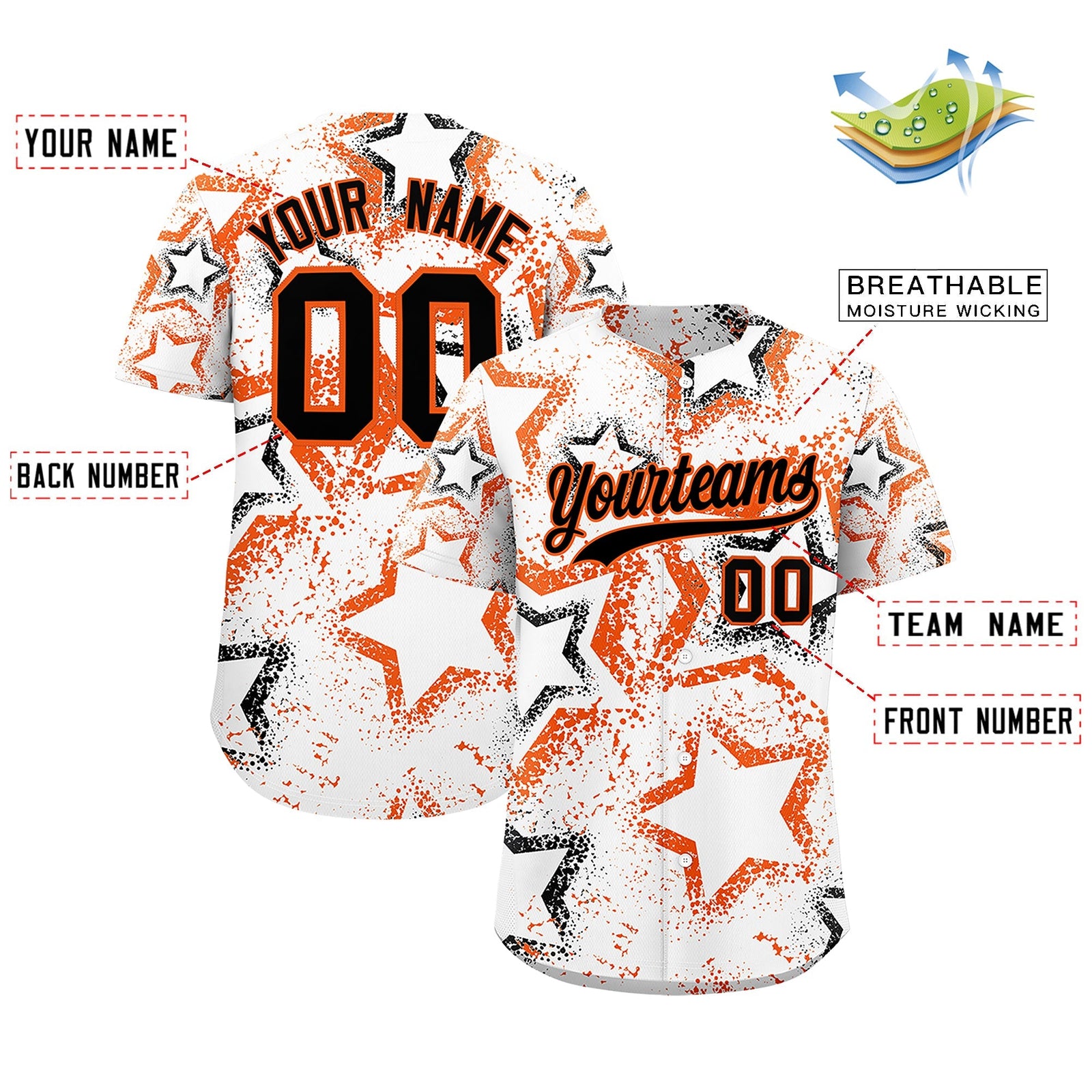 Custom White Orange Black Star-Shaped Ink Texture Graffiti Pattern Baseball Jersey | Sublimation Printed & Stitched,Add Name and Numbern,Perfect for Parties,Perfect for Training | KXKSHOP