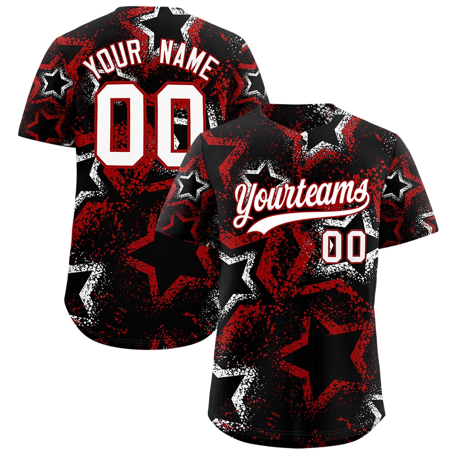 Custom Black White Red Star-Shaped Ink Texture Graffiti Pattern Baseball Jersey | Sublimation Printed & Stitched,Add Name and Numbern,Perfect for Parties,Perfect for Training | KXKSHOP