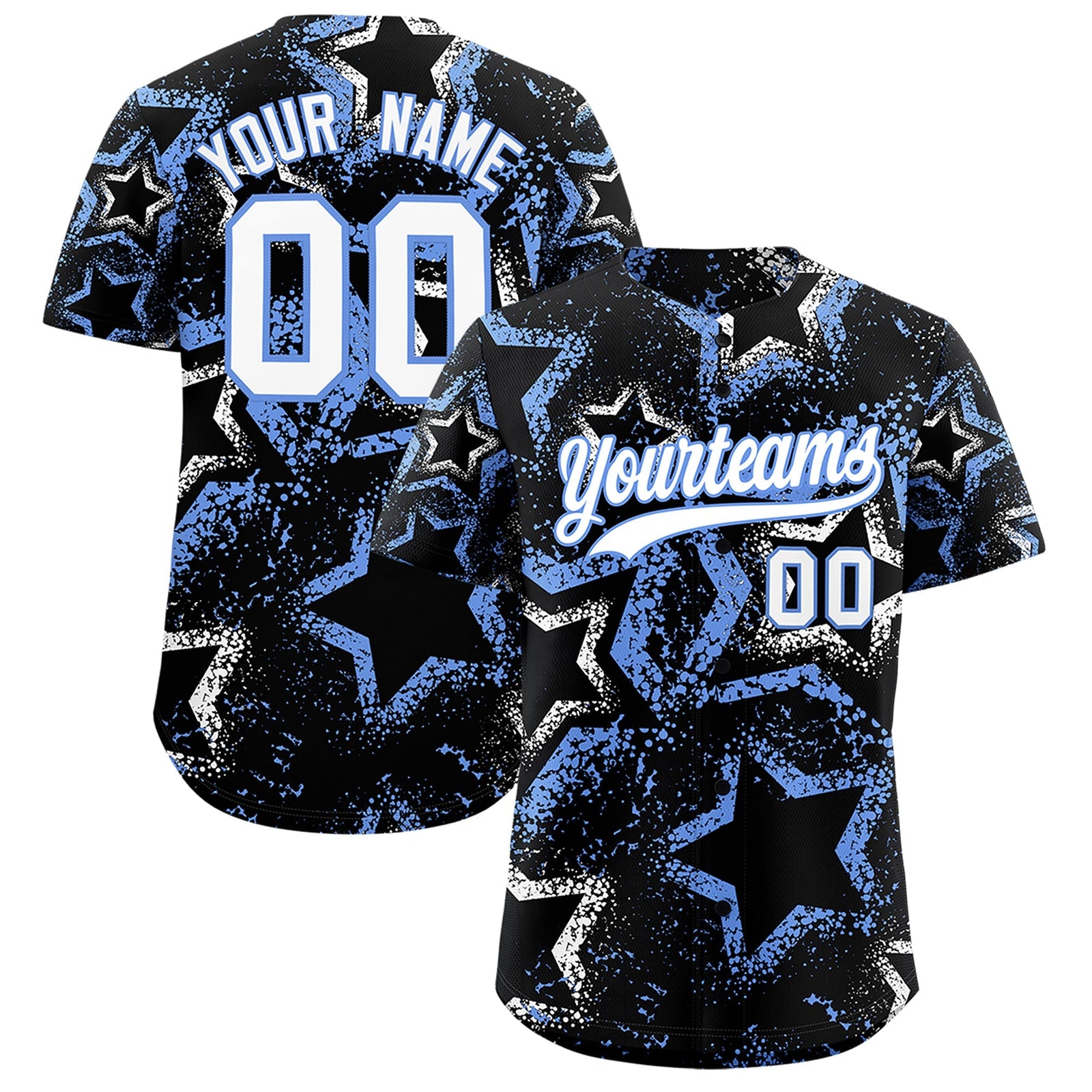 Custom Black White Light Blue Star-Shaped Ink Texture Graffiti Pattern Baseball Jersey | Sublimation Printed & Stitched,Add Name and Numbern,Perfect for Parties,Perfect for Training | KXKSHOP