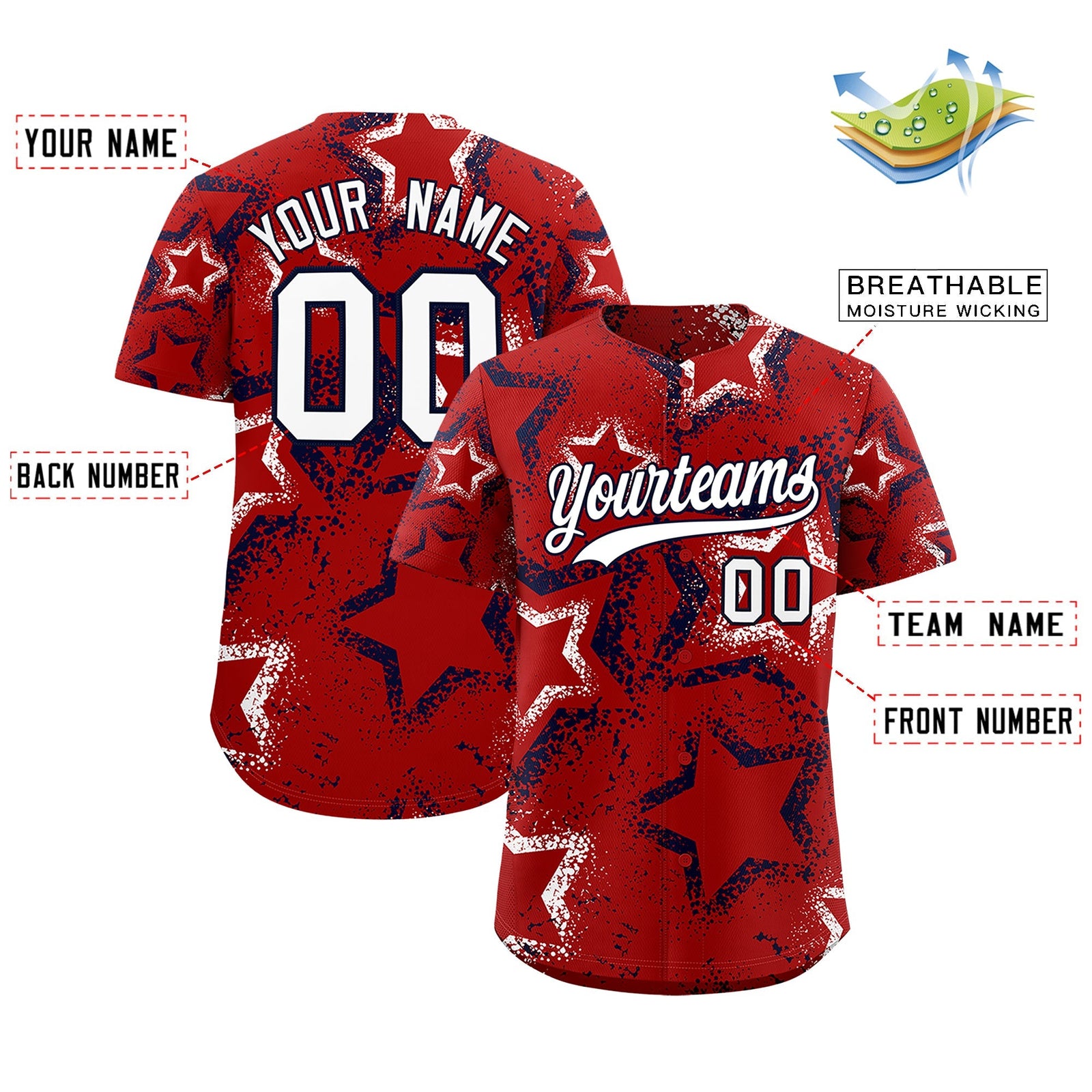 Custom Red White Navy Star-Shaped Ink Texture Graffiti Pattern Baseball Jersey | Sublimation Printed & Stitched,Add Name and Numbern,Perfect for Parties,Perfect for Training | KXKSHOP