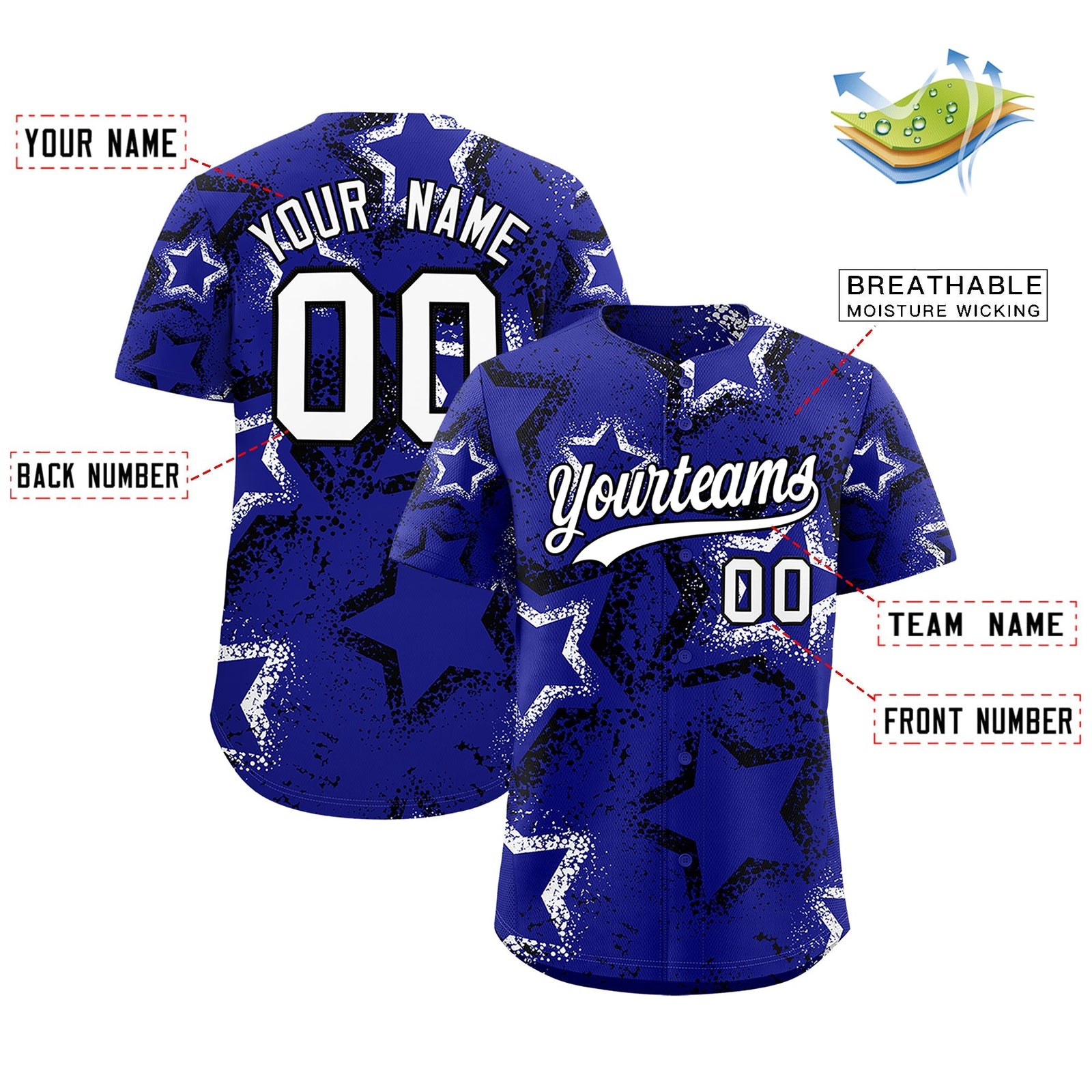 Custom Royal Blue Black White Star-Shaped Ink Texture Graffiti Pattern Baseball Jersey | Sublimation Printed & Stitched,Add Name and Numbern,Perfect for Parties,Perfect for Training | KXKSHOP