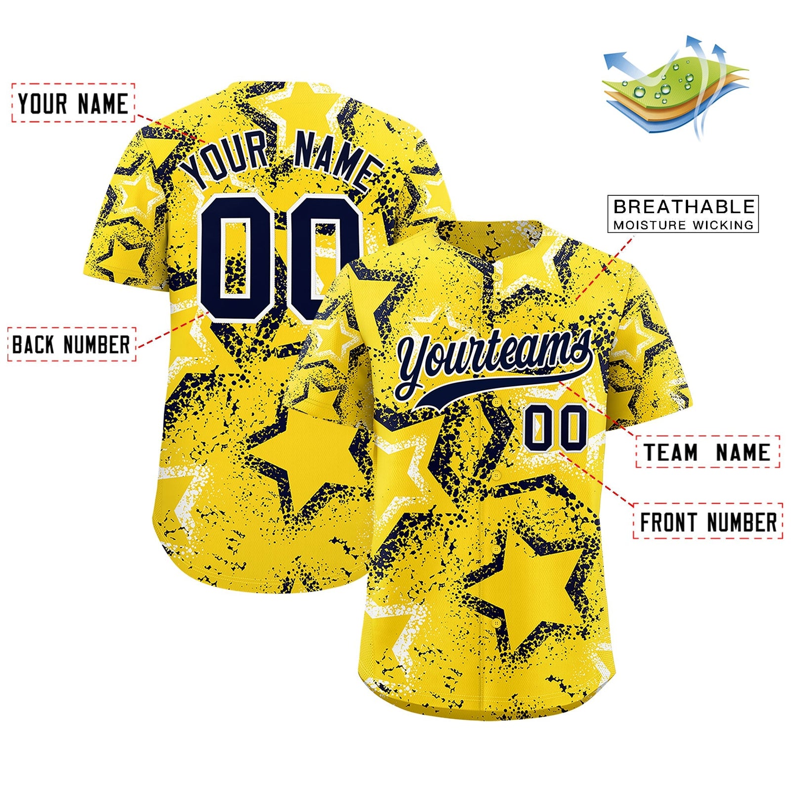 Custom Gold White Navy Star-Shaped Ink Texture Graffiti Pattern Baseball Jersey | Sublimation Printed & Stitched,Add Name and Numbern,Perfect for Parties,Perfect for Training | KXKSHOP