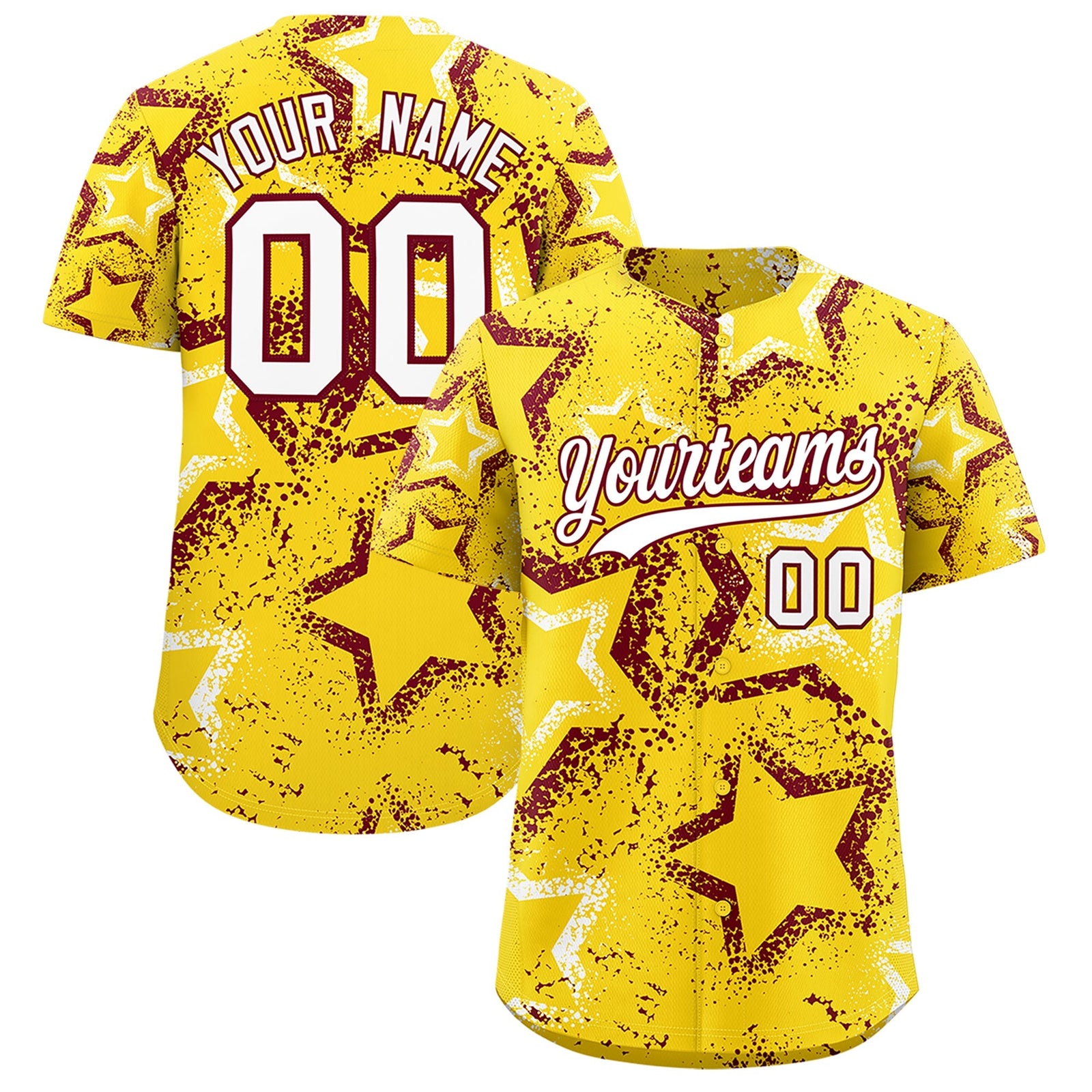 Custom Gold White Crimson Star-Shaped Ink Texture Graffiti Pattern Baseball Jersey | Sublimation Printed & Stitched,Add Name and Numbern,Perfect for Parties,Perfect for Training | KXKSHOP