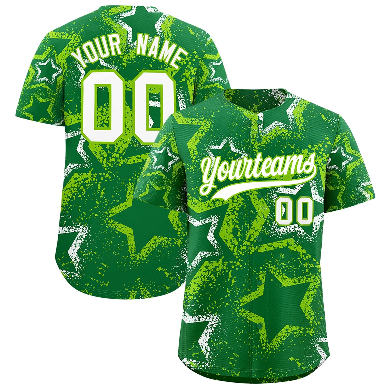 Custom Kelly Green White Neon Green Star-Shaped Ink Texture Graffiti Pattern Baseball Jersey | Sublimation Printed & Stitched,Add Name and Numbern,Perfect for Parties,Perfect for Training | KXKSHOP