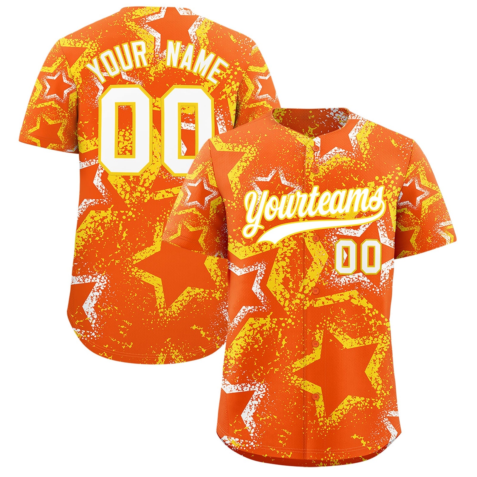 Custom Orange White Gold Star-Shaped Ink Texture Graffiti Pattern Baseball Jersey | Sublimation Printed & Stitched,Add Name and Numbern,Perfect for Parties,Perfect for Training | KXKSHOP
