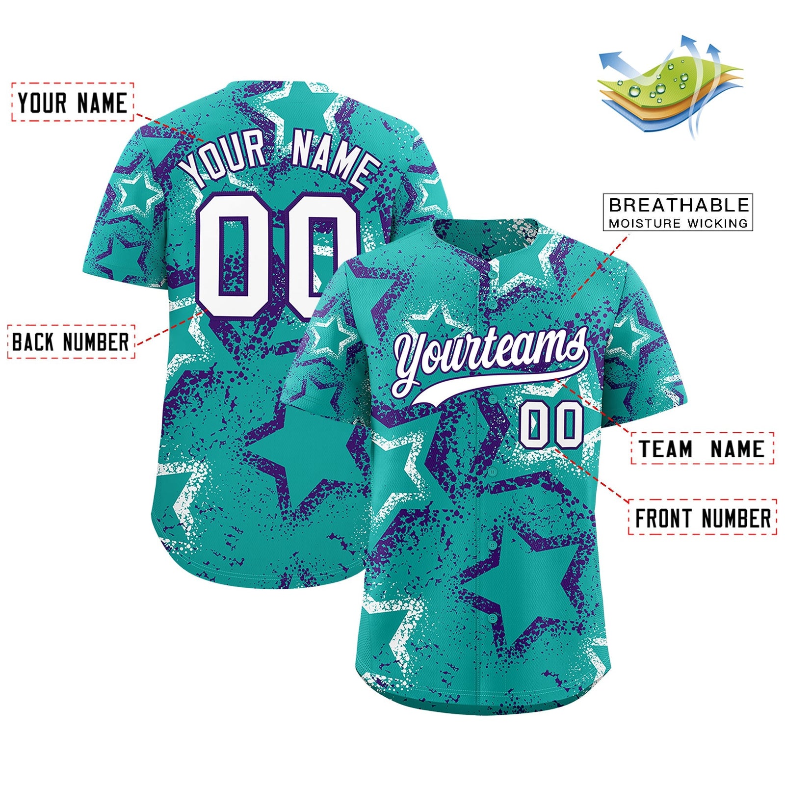 Custom Aqua White Purple Star-Shaped Ink Texture Graffiti Pattern Baseball Jersey | Sublimation Printed & Stitched,Add Name and Numbern,Perfect for Parties,Perfect for Training | KXKSHOP