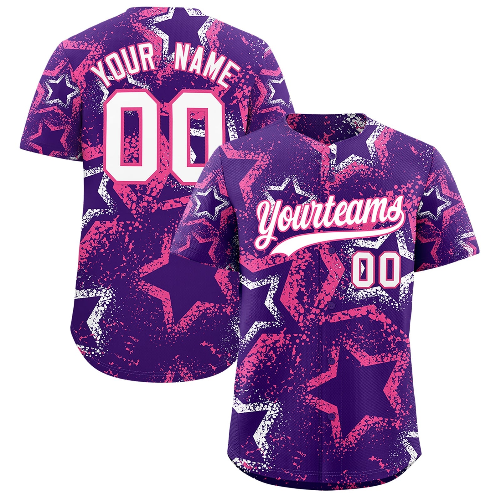 Custom Purple White Pink Star-Shaped Ink Texture Graffiti Pattern Baseball Jersey | Sublimation Printed & Stitched,Add Name and Numbern,Perfect for Parties,Perfect for Training | KXKSHOP