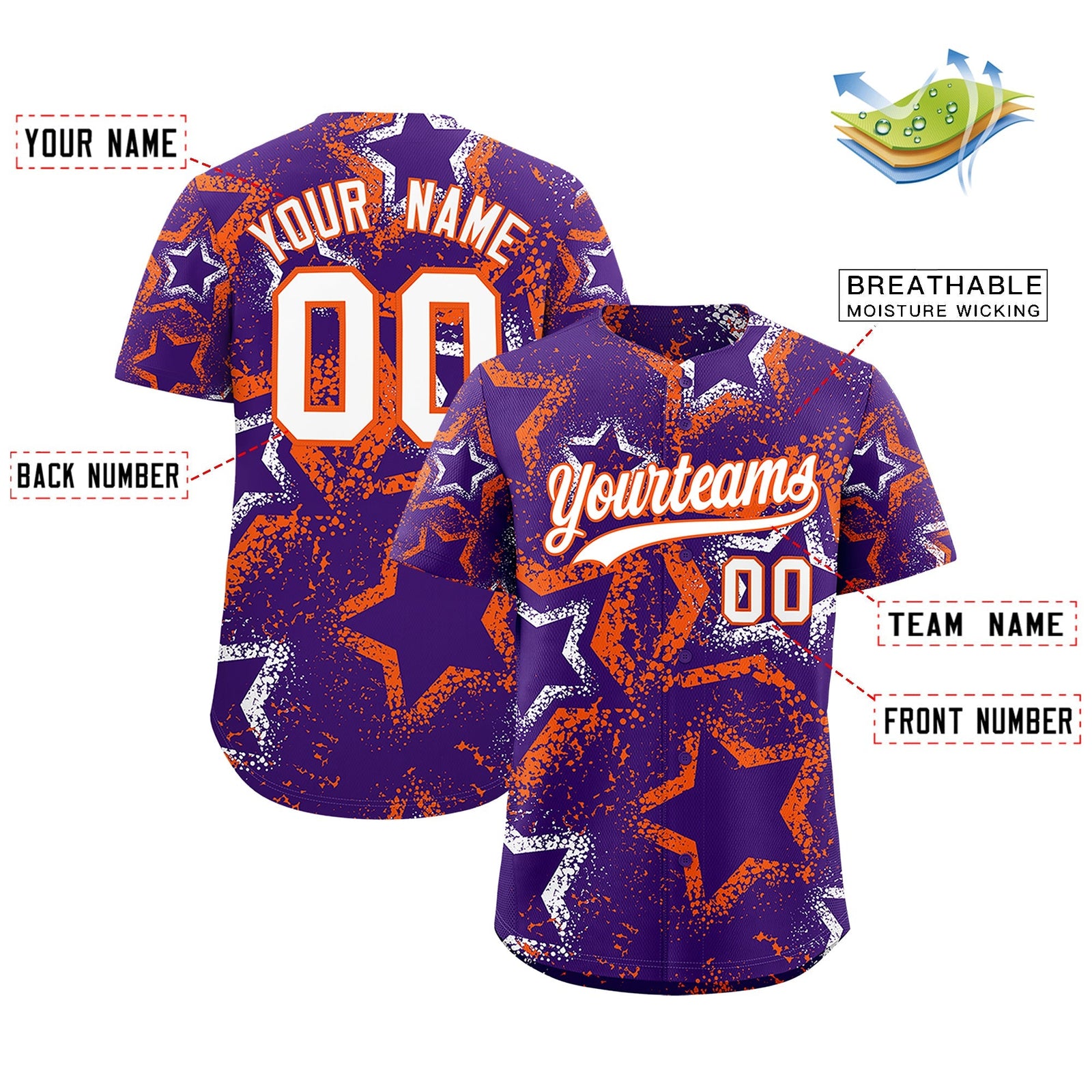 Custom Purple White Orange Star-Shaped Ink Texture Graffiti Pattern Baseball Jersey | Sublimation Printed & Stitched,Add Name and Numbern,Perfect for Parties,Perfect for Training | KXKSHOP