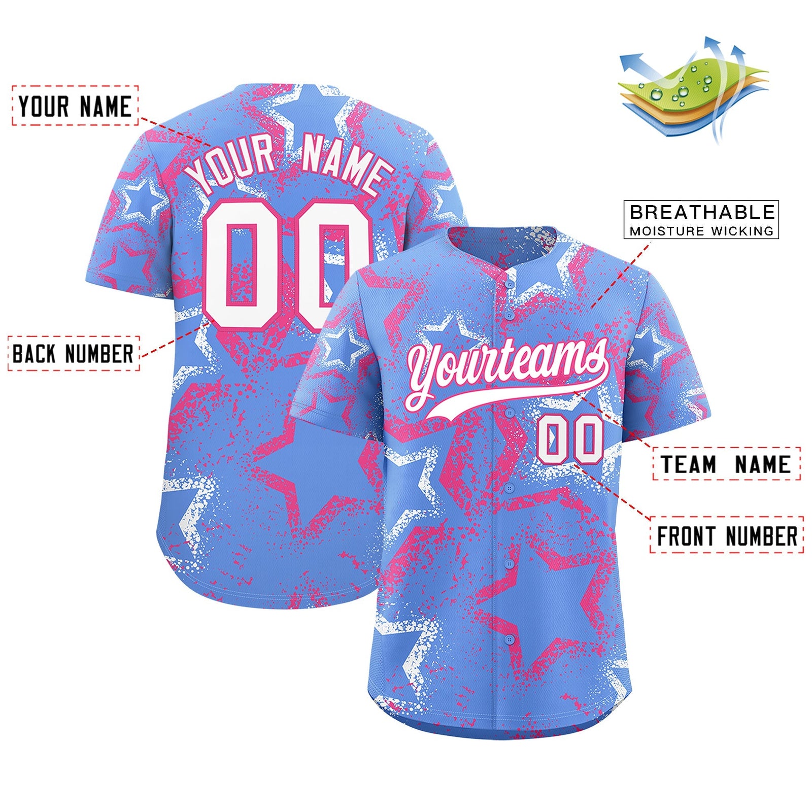 Custom Light Blue White Pink Star-Shaped Ink Texture Graffiti Pattern Baseball Jersey | Sublimation Printed & Stitched,Add Name and Numbern,Perfect for Parties,Perfect for Training | KXKSHOP