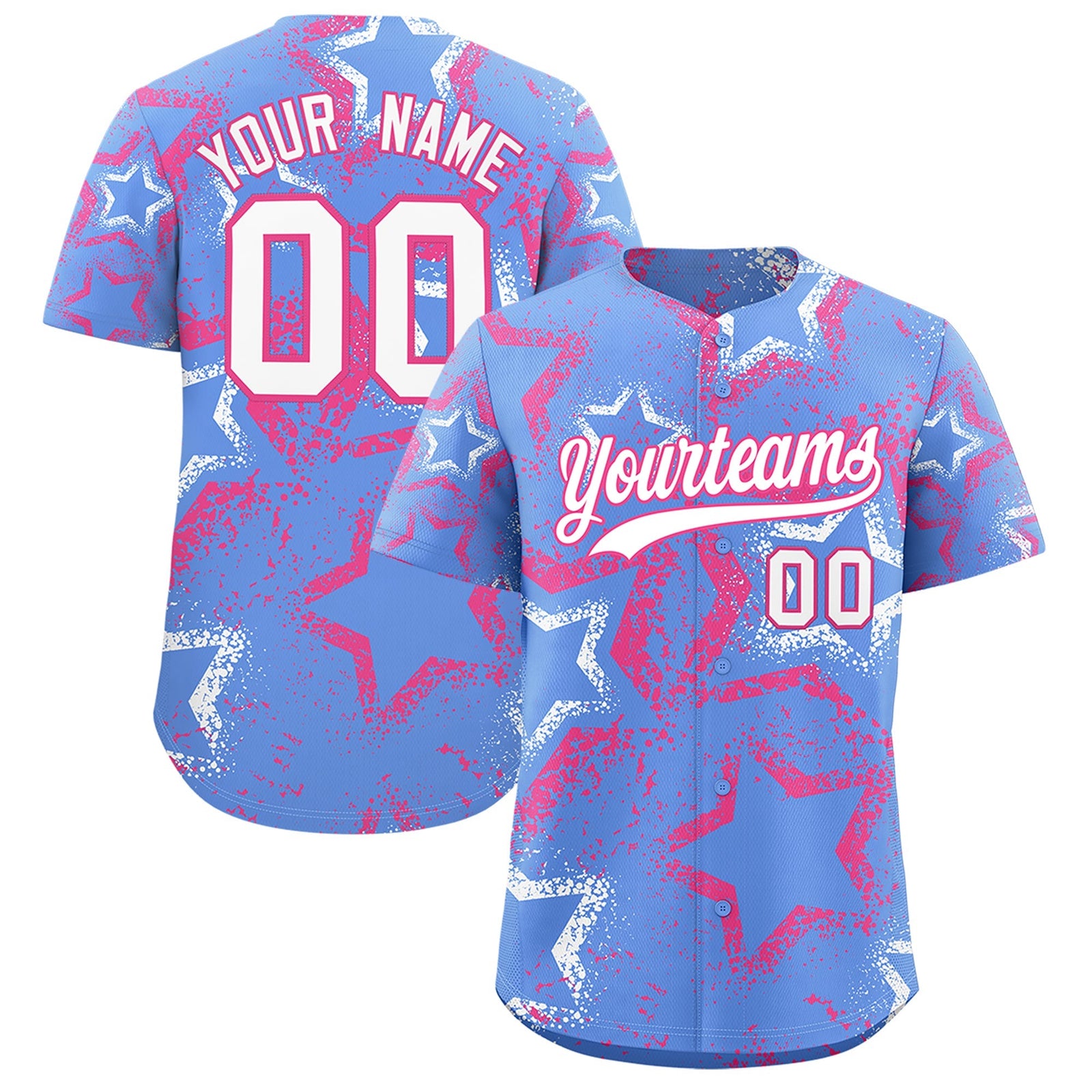 Custom Light Blue White Pink Star-Shaped Ink Texture Graffiti Pattern Baseball Jersey | Sublimation Printed & Stitched,Add Name and Numbern,Perfect for Parties,Perfect for Training | KXKSHOP