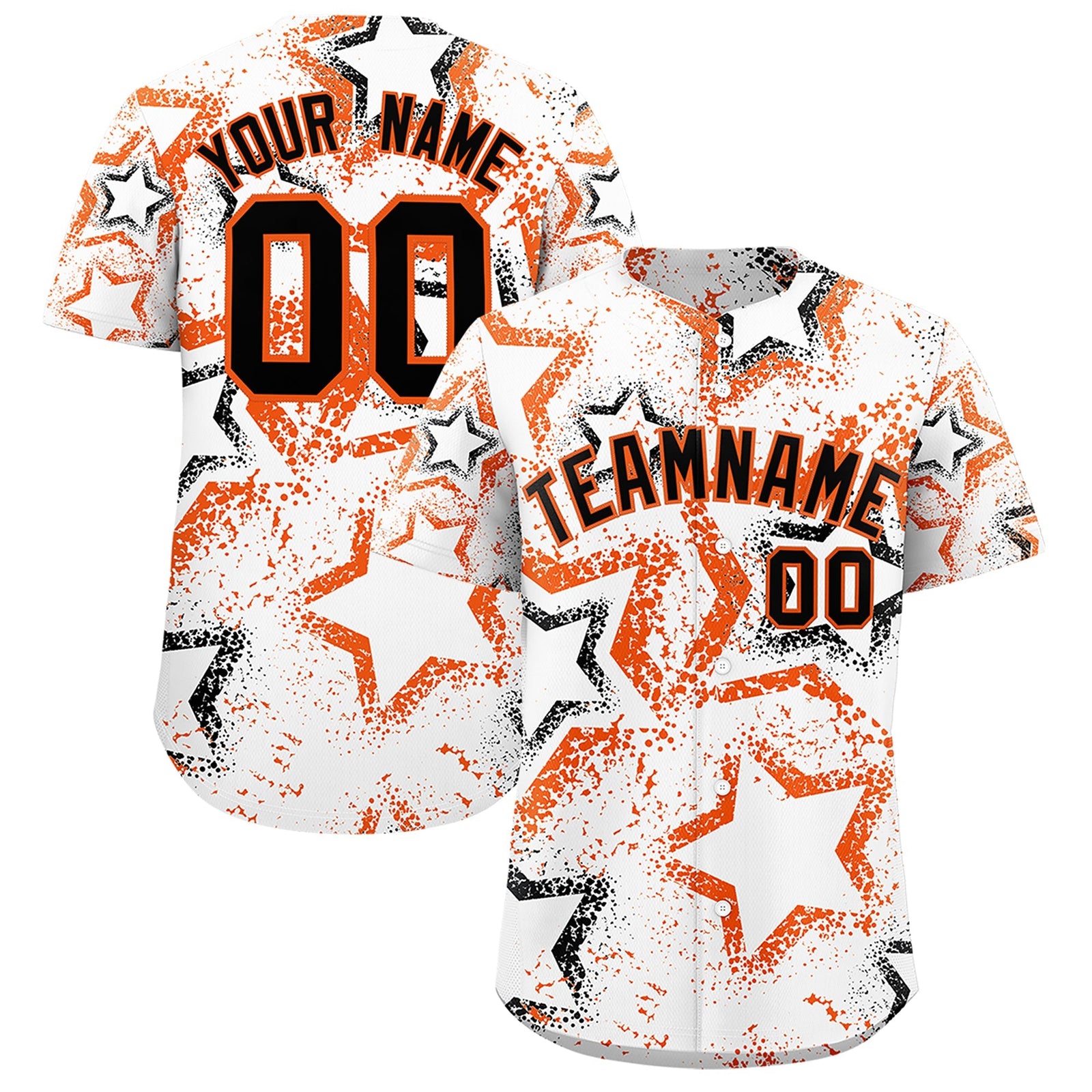 Custom White Orange Black Star-Shaped Ink Texture Graffiti Pattern Baseball Jersey | Sublimation Printed & Stitched,Add Name and Numbern,Perfect for Parties,Perfect for Training | KXKSHOP