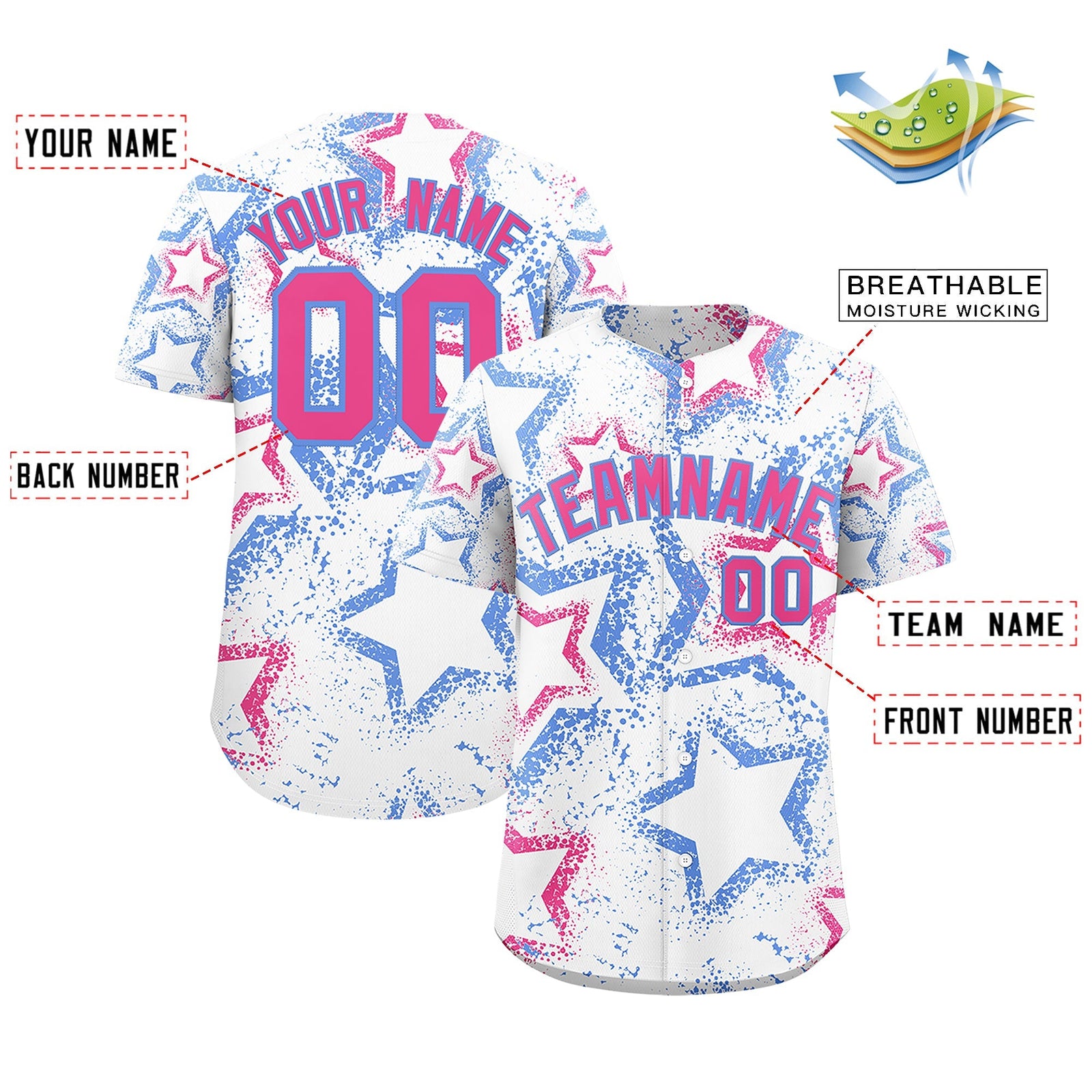 Custom White Light Blue Pink Star-Shaped Ink Texture Graffiti Pattern Baseball Jersey | Sublimation Printed & Stitched,Add Name and Numbern,Perfect for Parties,Perfect for Training | KXKSHOP