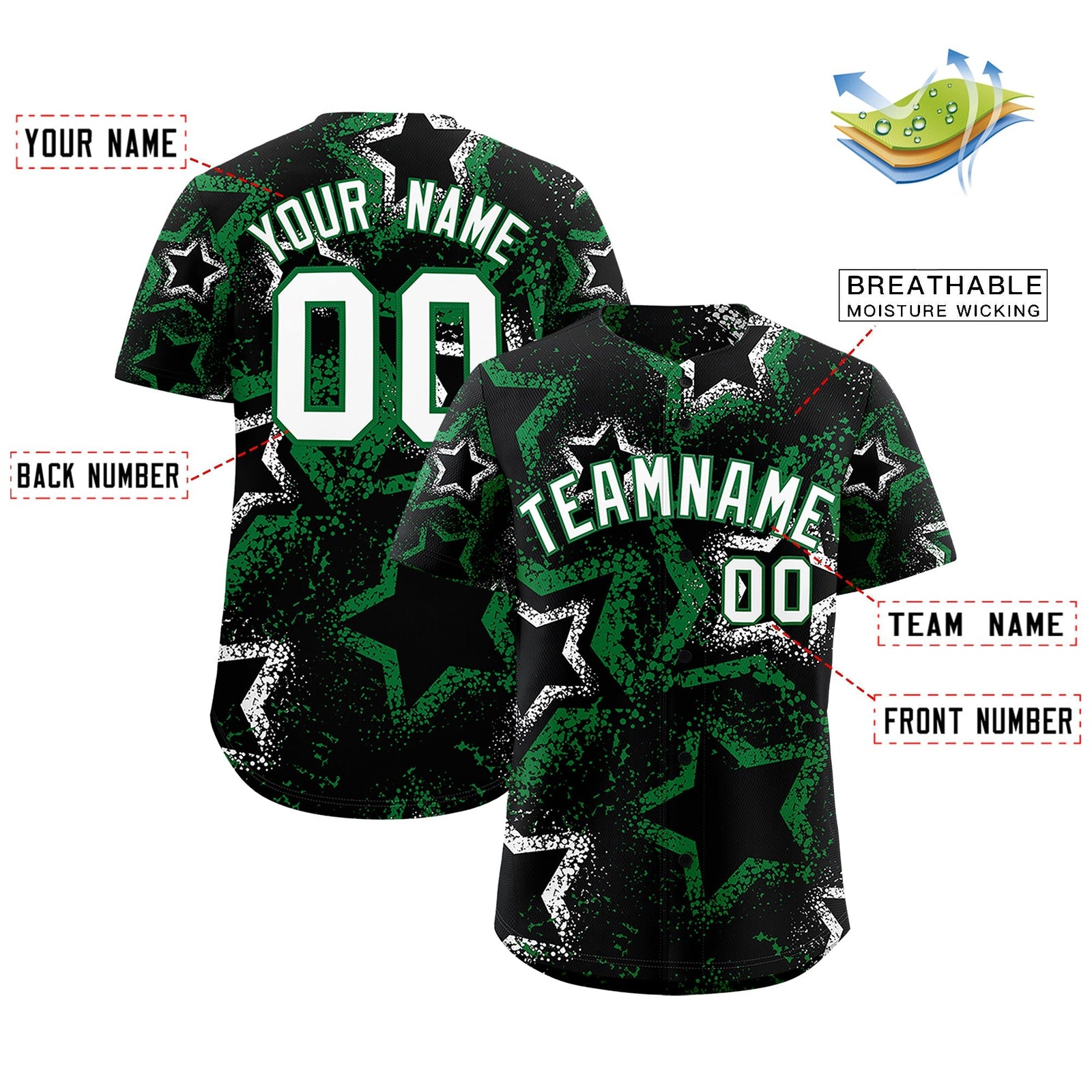 Custom Black White Kelly Green Star-Shaped Ink Texture Graffiti Pattern Baseball Jersey | Sublimation Printed & Stitched,Add Name and Numbern,Perfect for Parties,Perfect for Training | KXKSHOP