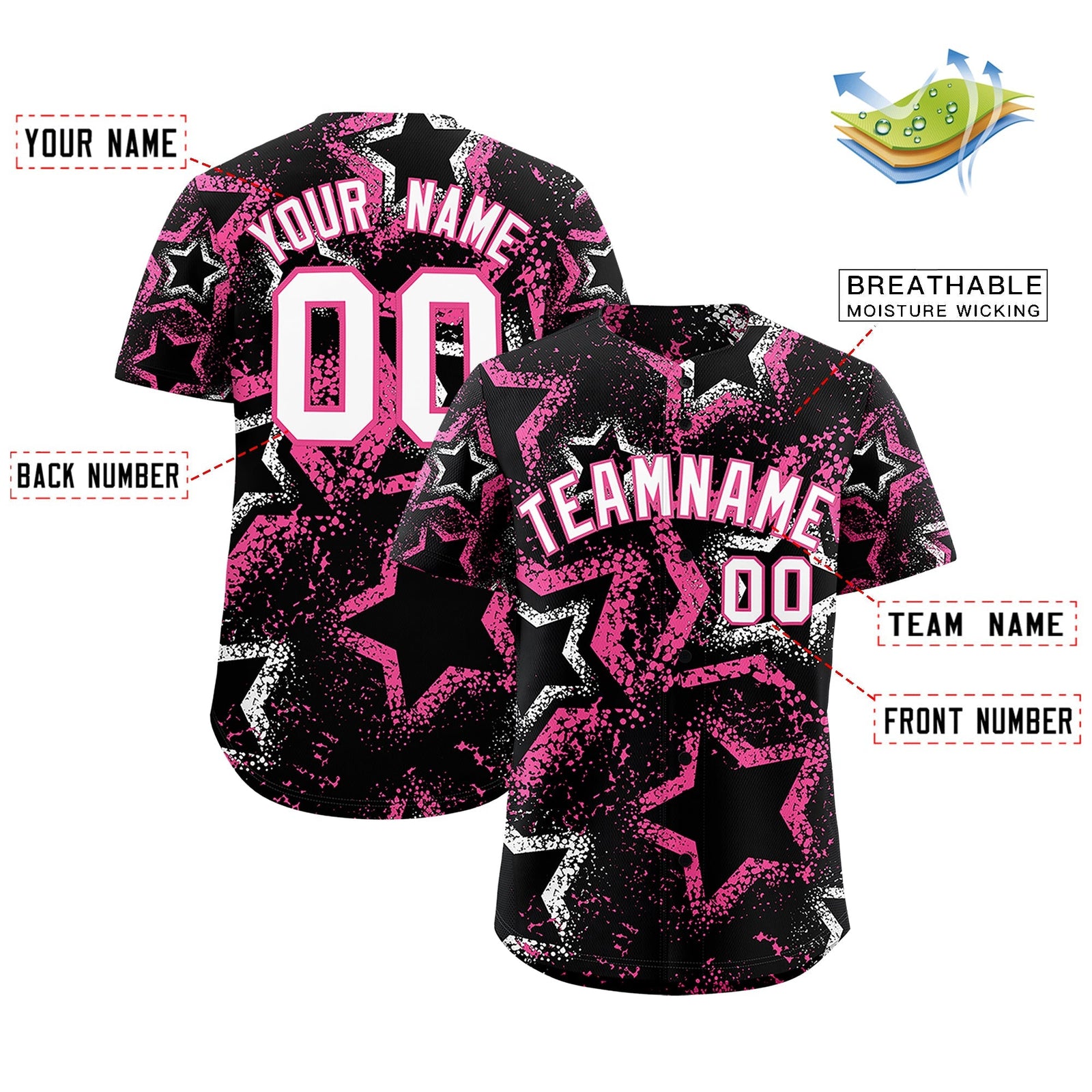 Custom Black White Pink Star-Shaped Ink Texture Graffiti Pattern Baseball Jersey | Sublimation Printed & Stitched,Add Name and Numbern,Perfect for Parties,Perfect for Training | KXKSHOP