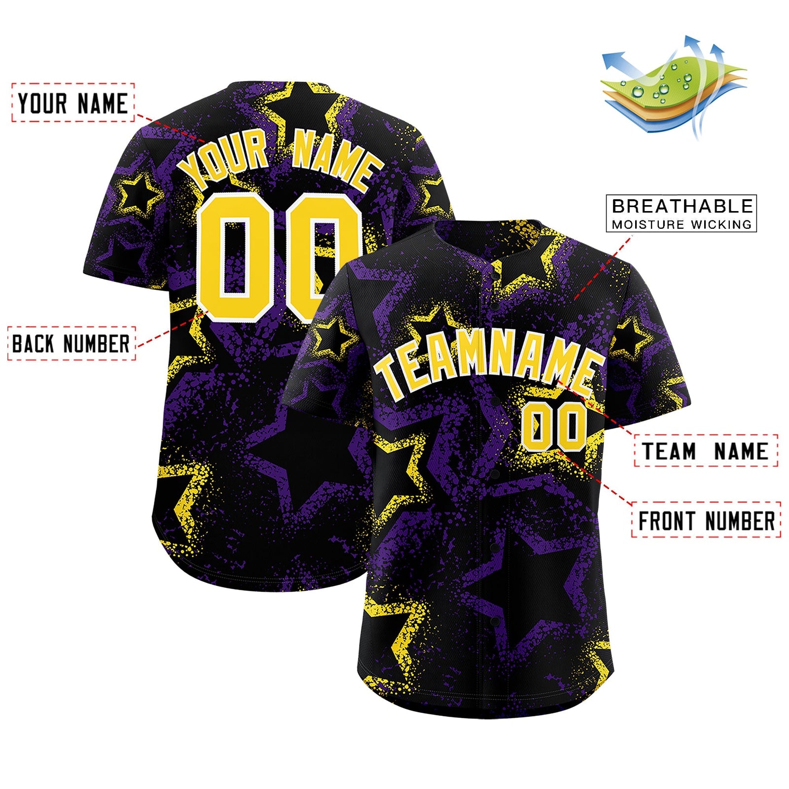 Custom Black Gold White Star-Shaped Ink Texture Graffiti Pattern Baseball Jersey | Sublimation Printed & Stitched,Add Name and Numbern,Perfect for Parties,Perfect for Training | KXKSHOP