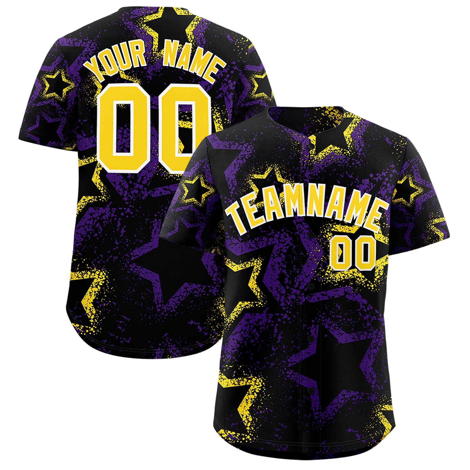 Custom Black Gold White Star-Shaped Ink Texture Graffiti Pattern Baseball Jersey | Sublimation Printed & Stitched,Add Name and Numbern,Perfect for Parties,Perfect for Training | KXKSHOP