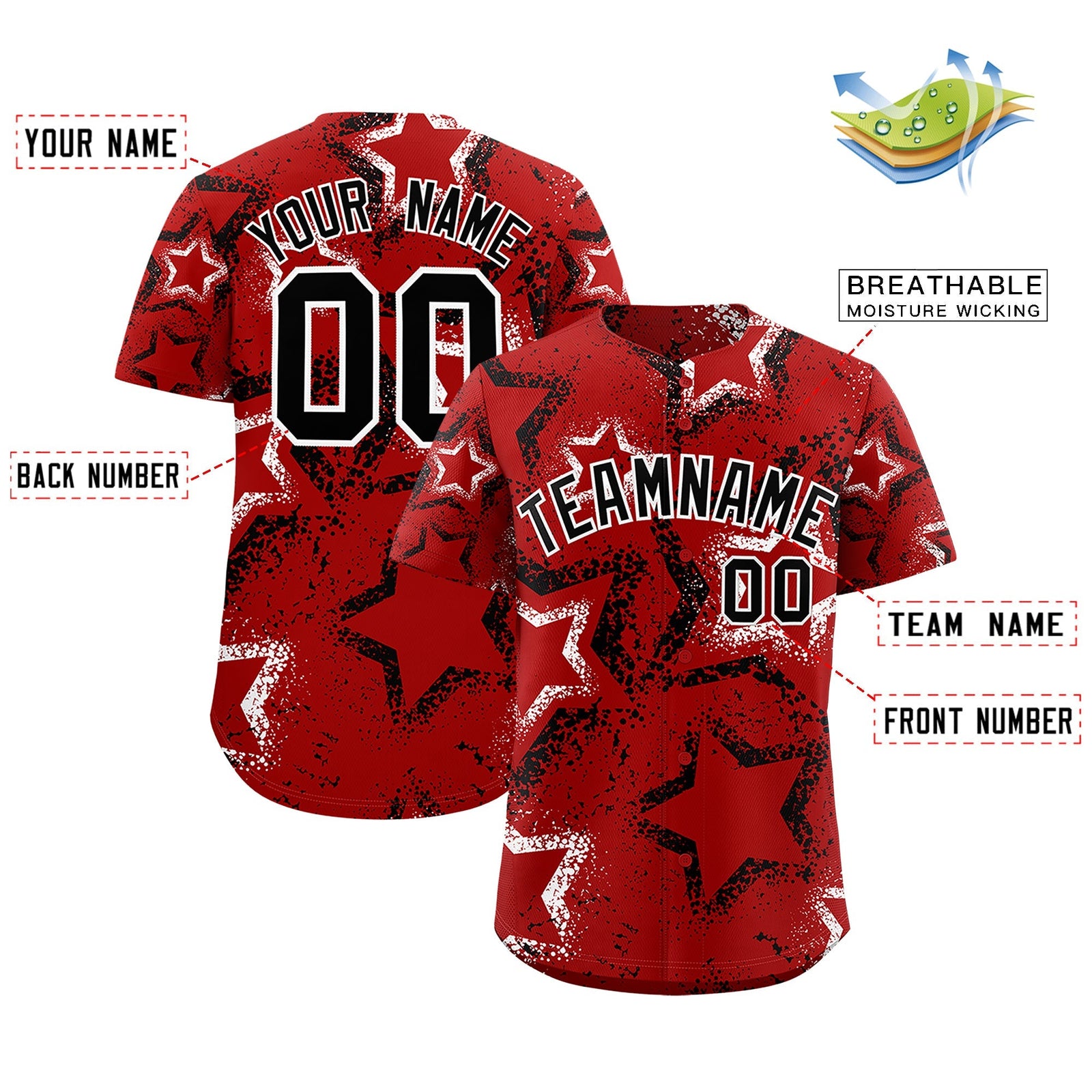 Custom Red White Black Star-Shaped Ink Texture Graffiti Pattern Baseball Jersey | Sublimation Printed & Stitched,Add Name and Numbern,Perfect for Parties,Perfect for Training | KXKSHOP