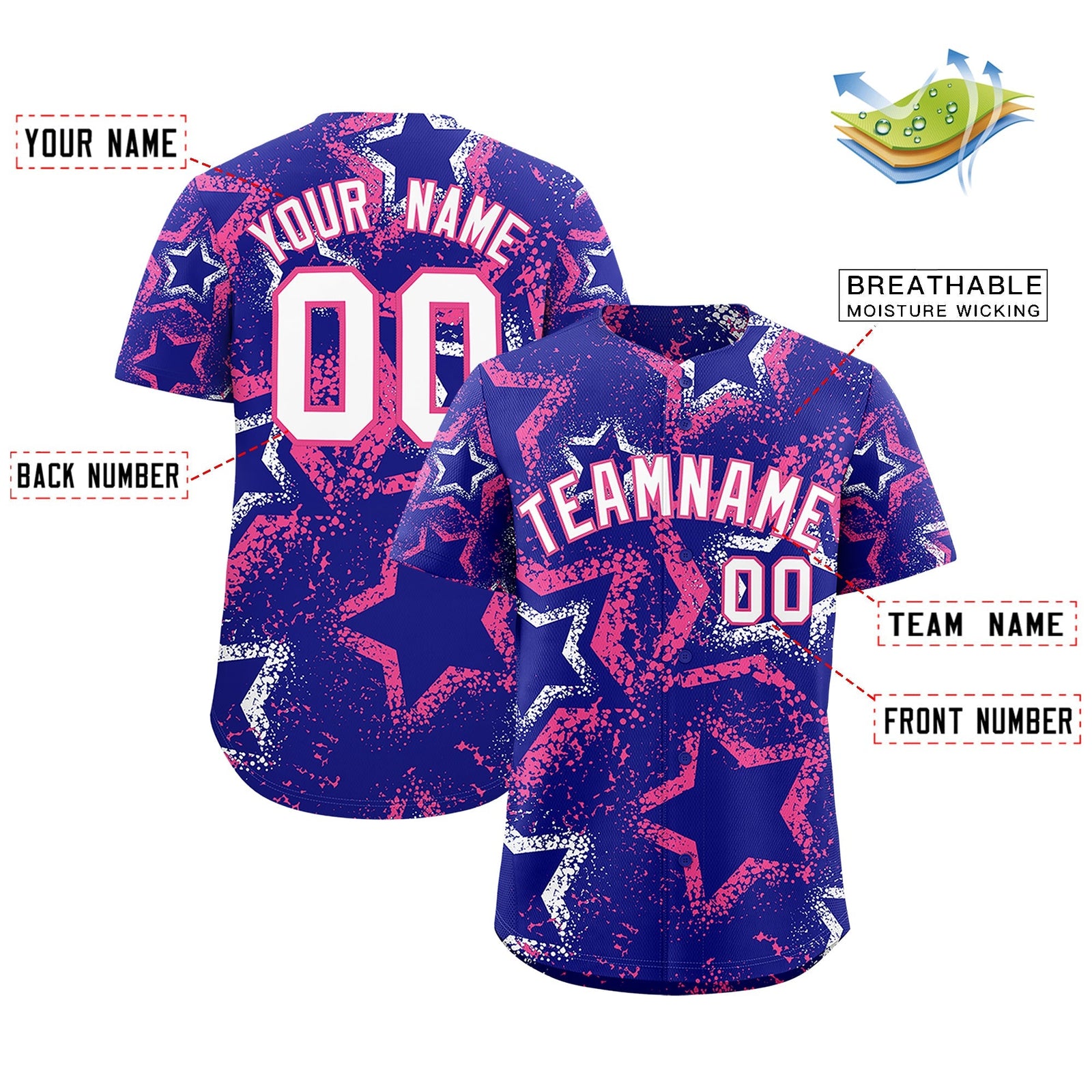 Custom Royal Blue White Pink Star-Shaped Ink Texture Graffiti Pattern Baseball Jersey | Sublimation Printed & Stitched,Add Name and Numbern,Perfect for Parties,Perfect for Training | KXKSHOP
