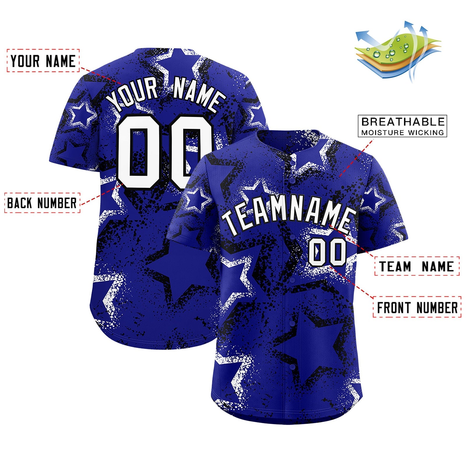 Custom Royal Blue Black White Star-Shaped Ink Texture Graffiti Pattern Baseball Jersey | Sublimation Printed & Stitched,Add Name and Numbern,Perfect for Parties,Perfect for Training | KXKSHOP
