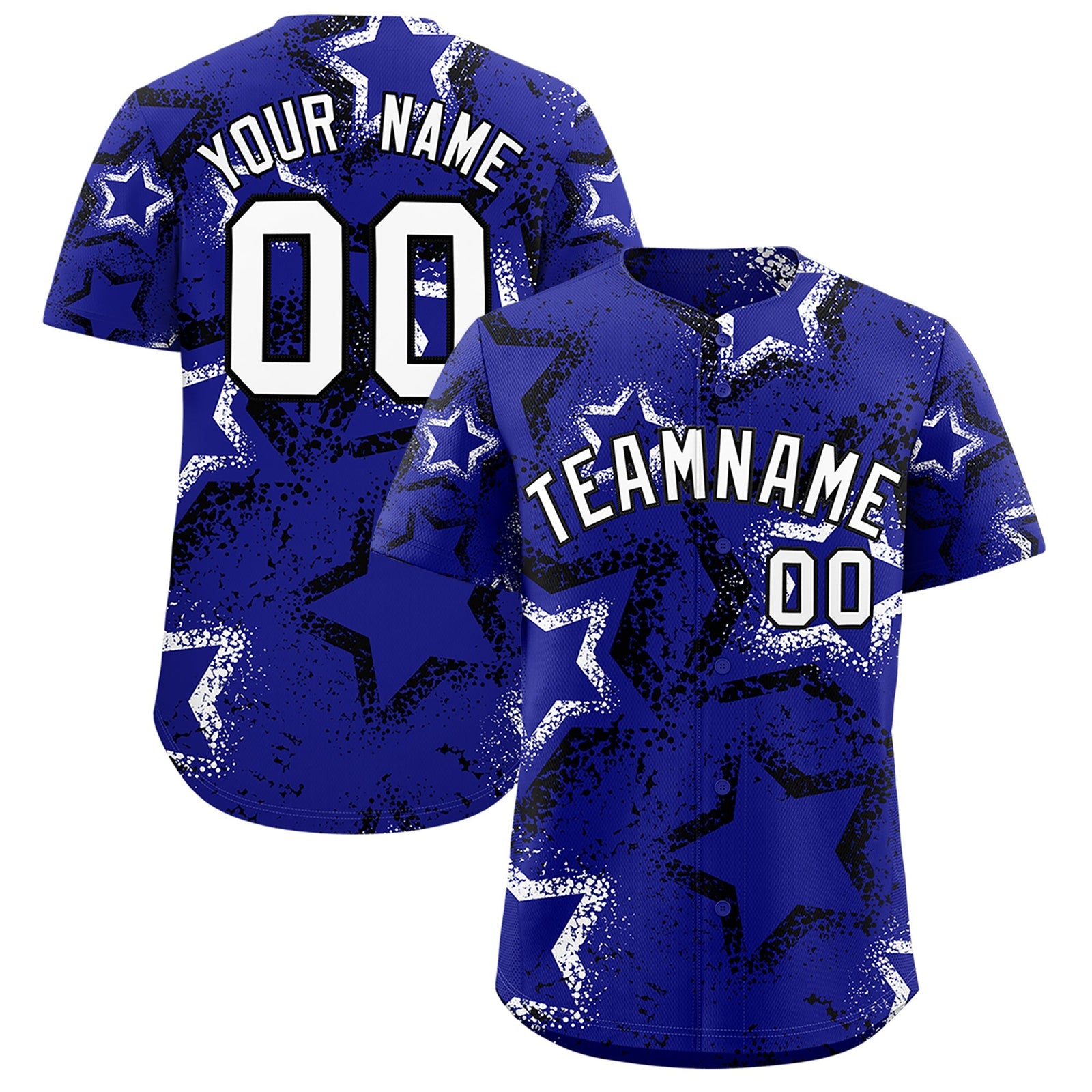 Custom Royal Blue Black White Star-Shaped Ink Texture Graffiti Pattern Baseball Jersey | Sublimation Printed & Stitched,Add Name and Numbern,Perfect for Parties,Perfect for Training | KXKSHOP