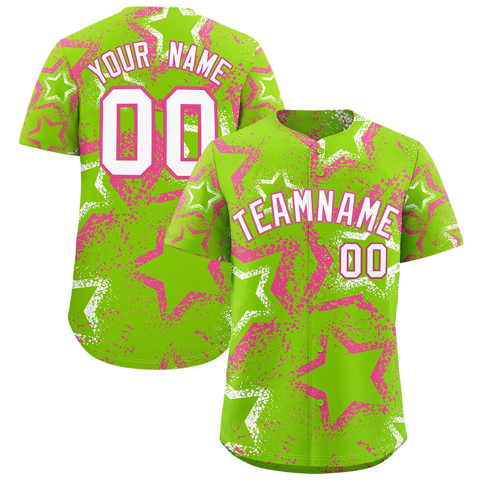 Custom Neon Green Pink White Star-Shaped Ink Texture Graffiti Pattern Baseball Jersey | Sublimation Printed & Stitched,Add Name and Numbern,Perfect for Parties,Perfect for Training | KXKSHOP