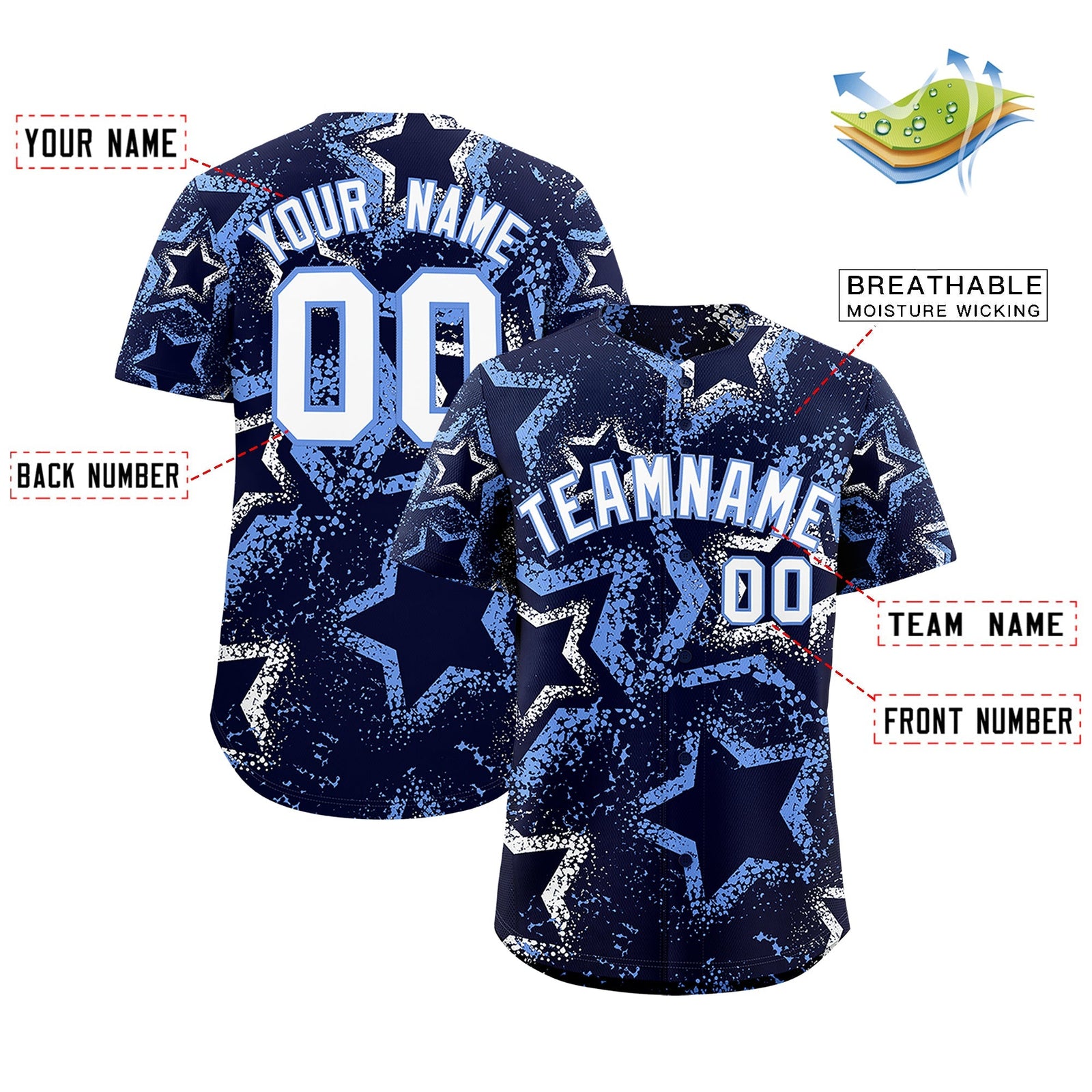 Custom Navy White Light Blue Star-Shaped Ink Texture Graffiti Pattern Baseball Jersey | Sublimation Printed & Stitched,Add Name and Numbern,Perfect for Parties,Perfect for Training | KXKSHOP