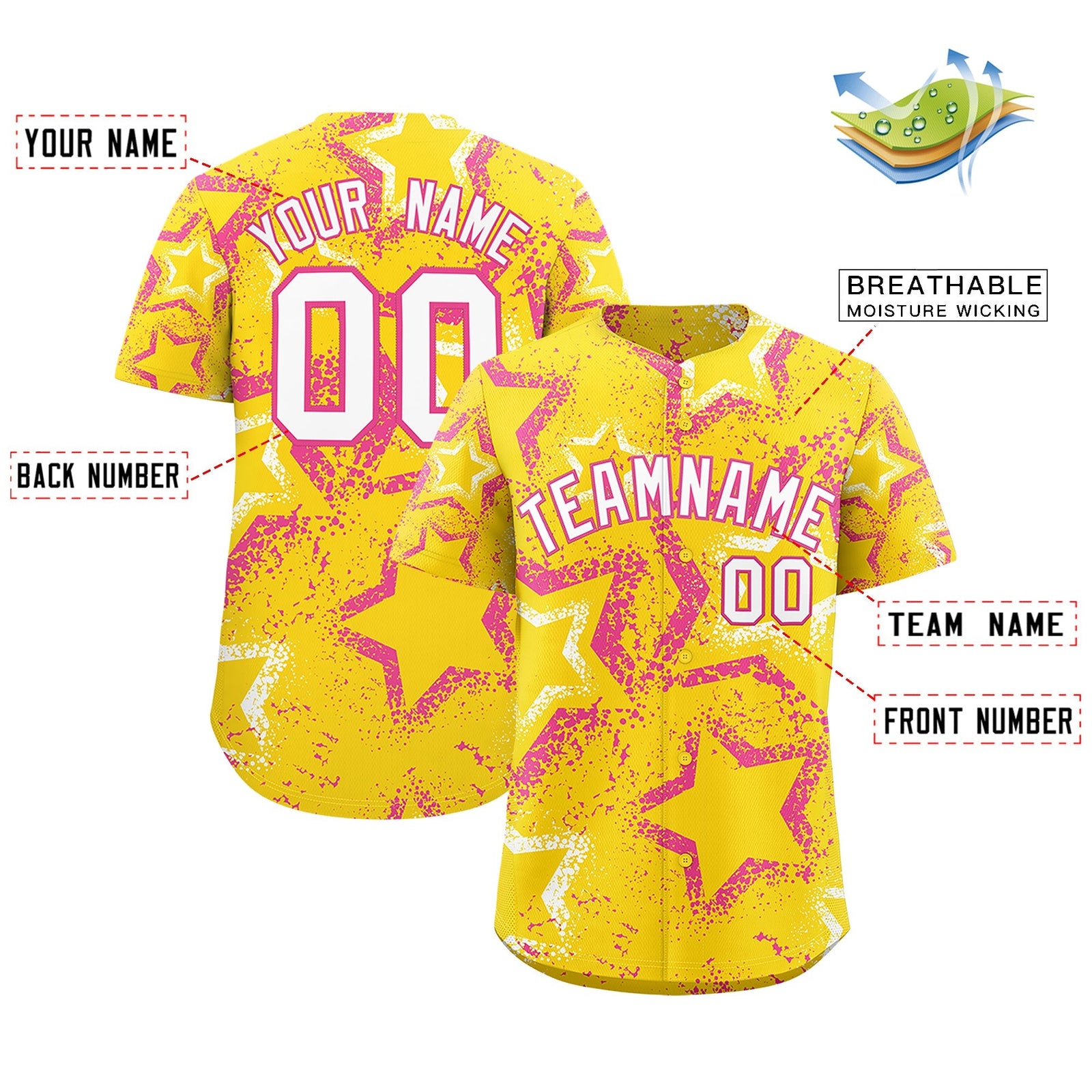 Custom Gold White Pink Star-Shaped Ink Texture Graffiti Pattern Baseball Jersey | Sublimation Printed & Stitched,Add Name and Numbern,Perfect for Parties,Perfect for Training | KXKSHOP