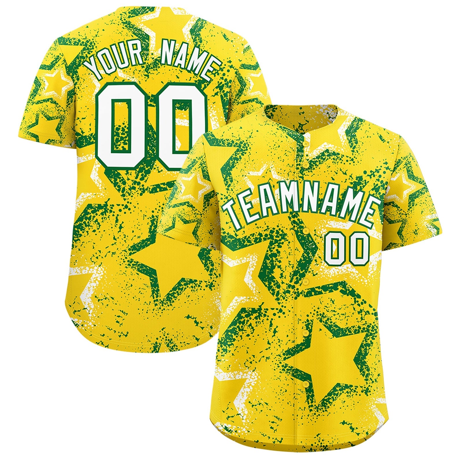 Custom Gold White Kelly Green Star-Shaped Ink Texture Graffiti Pattern Baseball Jersey | Sublimation Printed & Stitched,Add Name and Numbern,Perfect for Parties,Perfect for Training | KXKSHOP