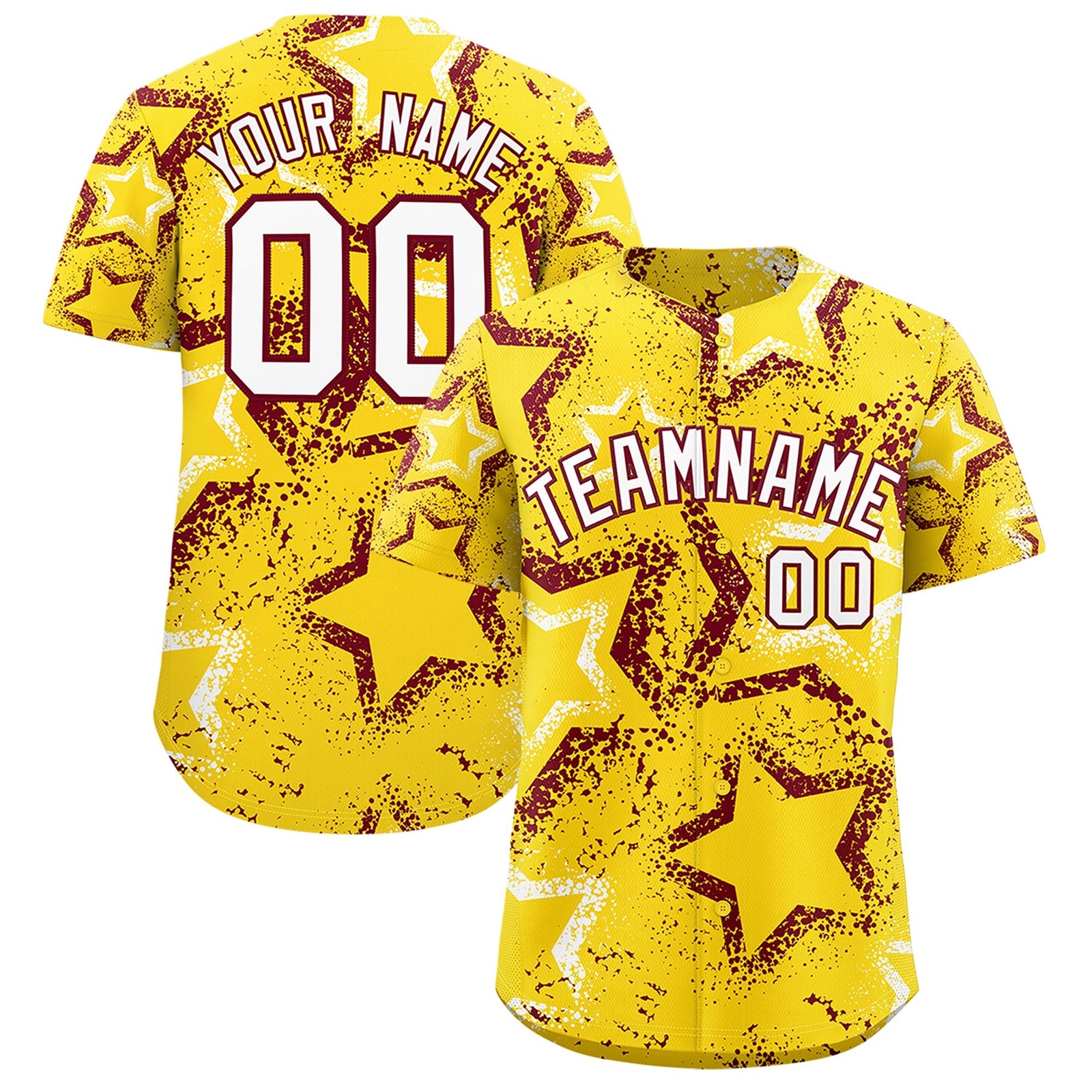 Custom Gold White Crimson Star-Shaped Ink Texture Graffiti Pattern Baseball Jersey | Sublimation Printed & Stitched,Add Name and Numbern,Perfect for Parties,Perfect for Training | KXKSHOP