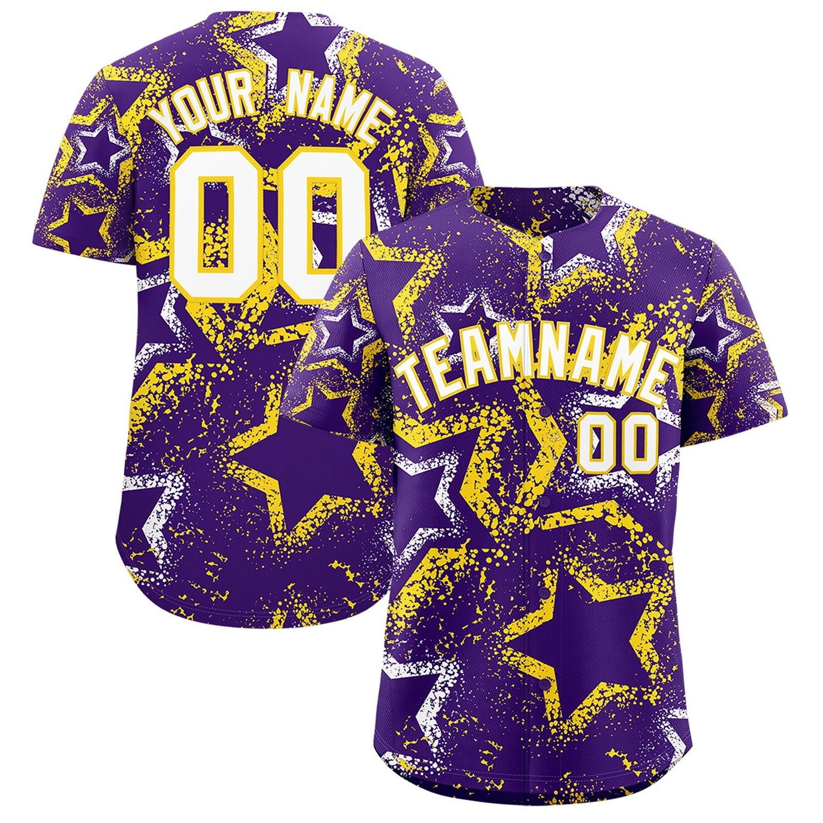 Custom Purple White Gold Star-Shaped Ink Texture Graffiti Pattern Baseball Jersey | Sublimation Printed & Stitched,Add Name and Numbern,Perfect for Parties,Perfect for Training | KXKSHOP