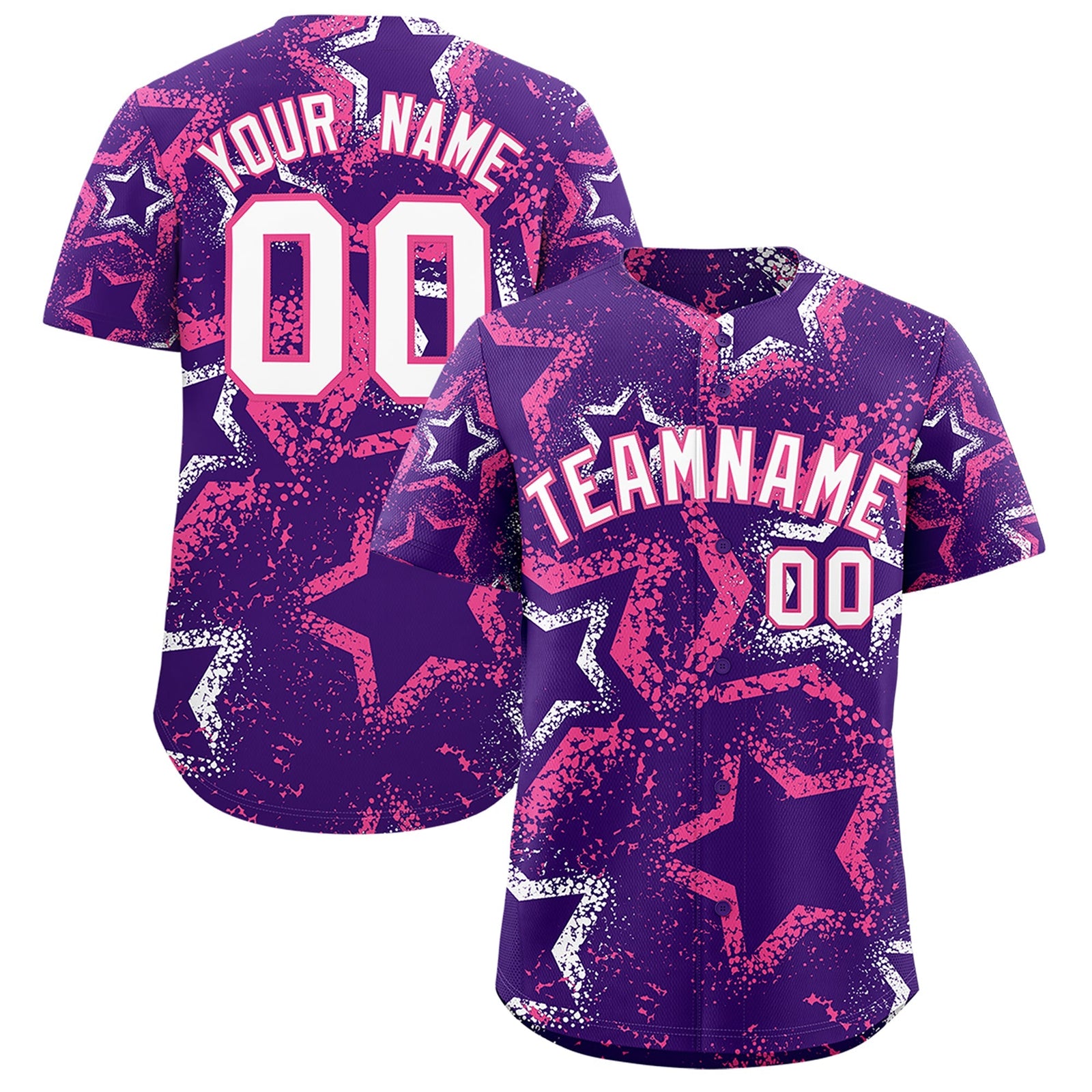 Custom Purple White Pink Star-Shaped Ink Texture Graffiti Pattern Baseball Jersey | Sublimation Printed & Stitched,Add Name and Numbern,Perfect for Parties,Perfect for Training | KXKSHOP