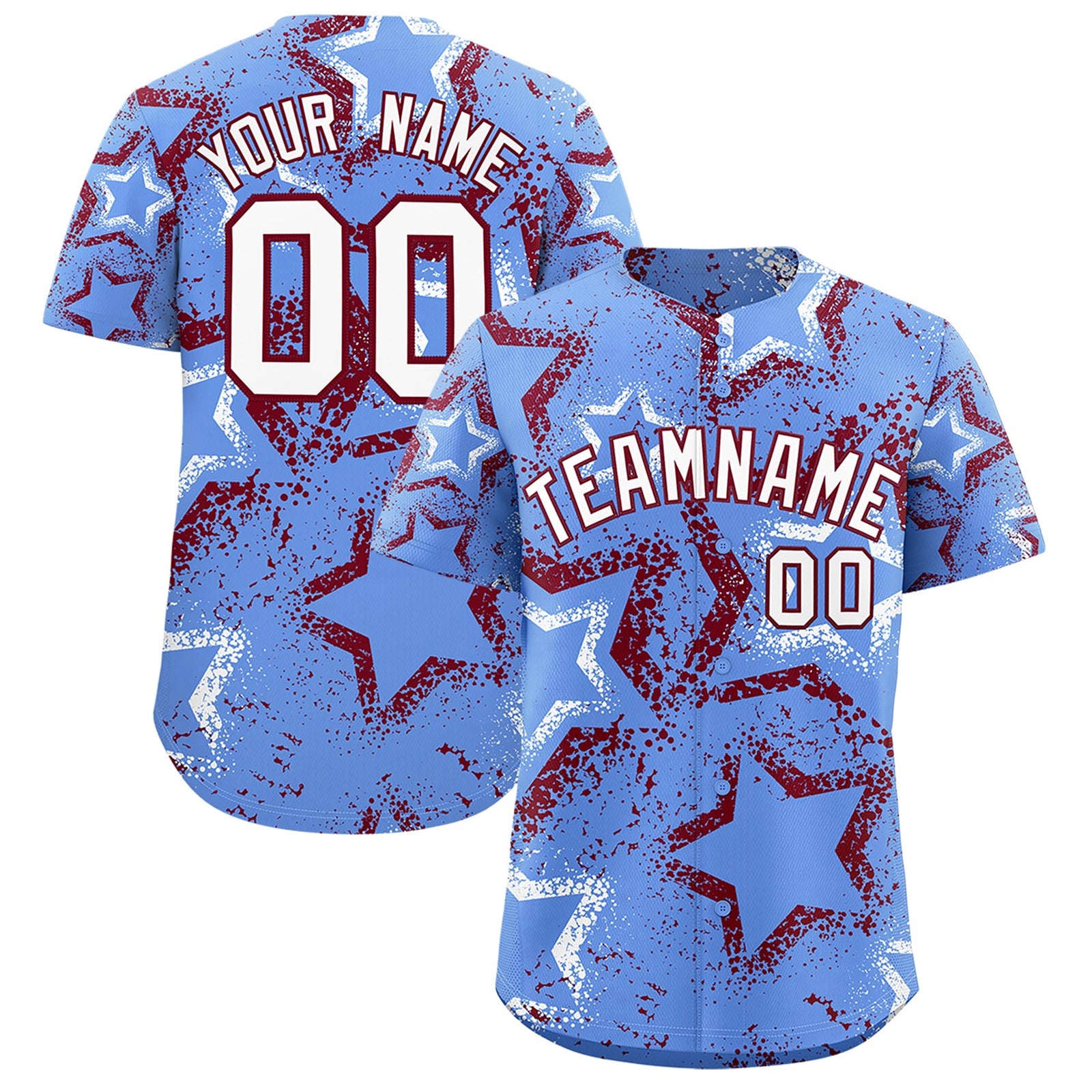 Custom Light Blue White Crimson Star-Shaped Ink Texture Graffiti Pattern Baseball Jersey | Sublimation Printed & Stitched,Add Name and Numbern,Perfect for Parties,Perfect for Training | KXKSHOP
