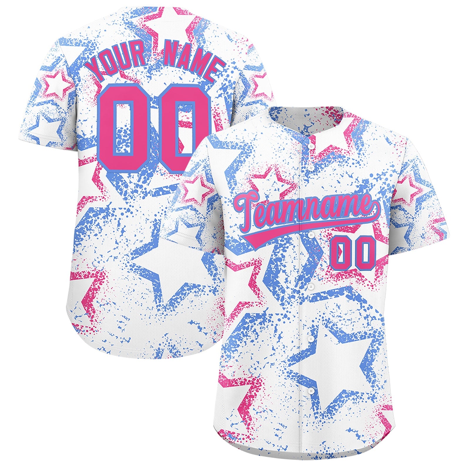 Custom White Light Blue Pink Star-Shaped Ink Texture Graffiti Pattern Baseball Jersey | Sublimation Printed & Stitched,Add Name and Numbern,Perfect for Parties,Perfect for Training | KXKSHOP
