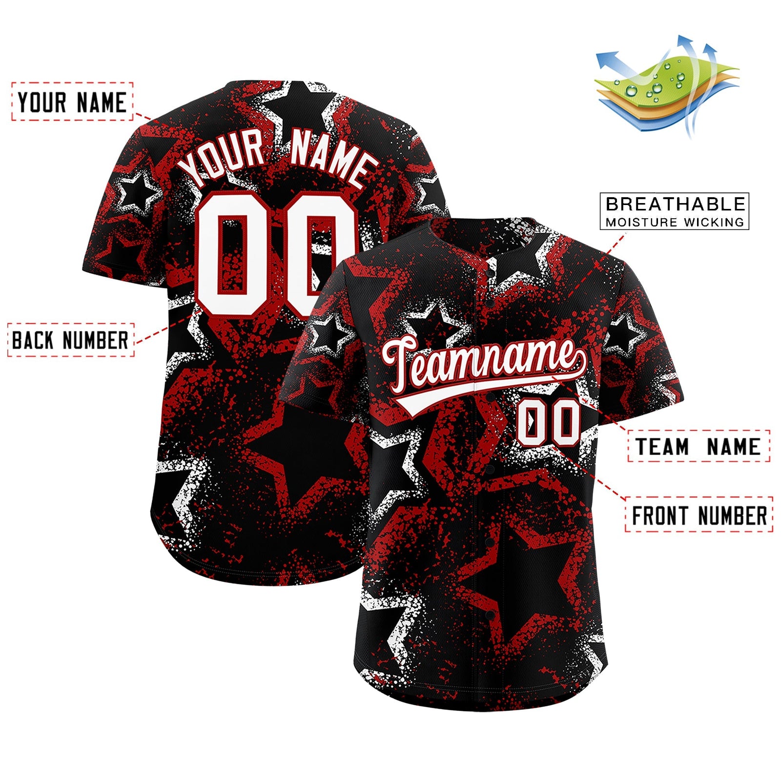 Custom Black White Red Star-Shaped Ink Texture Graffiti Pattern Baseball Jersey | Sublimation Printed & Stitched,Add Name and Numbern,Perfect for Parties,Perfect for Training | KXKSHOP