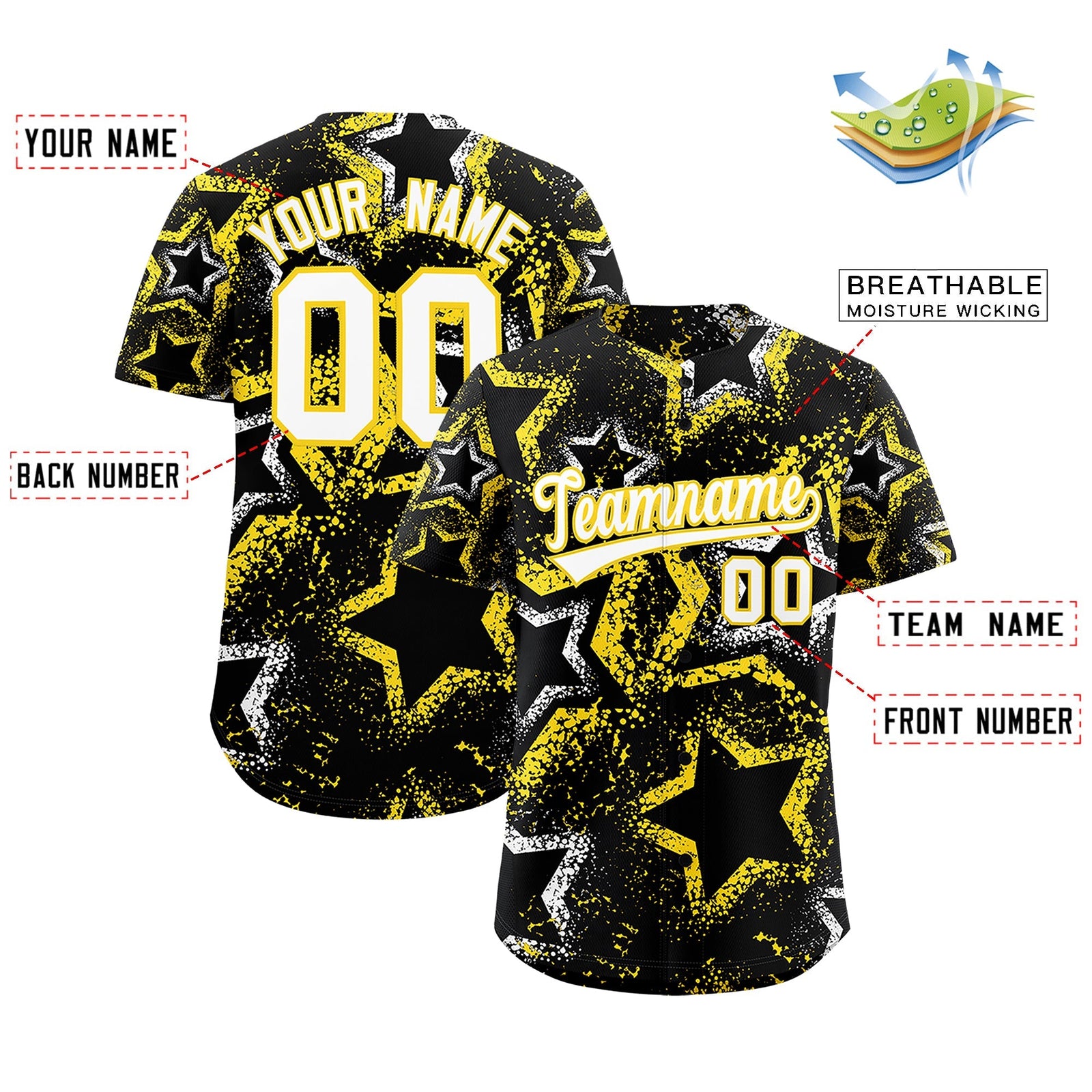 Custom Black White Gold Star-Shaped Ink Texture Graffiti Pattern Baseball Jersey | Sublimation Printed & Stitched,Add Name and Numbern,Perfect for Parties,Perfect for Training | KXKSHOP
