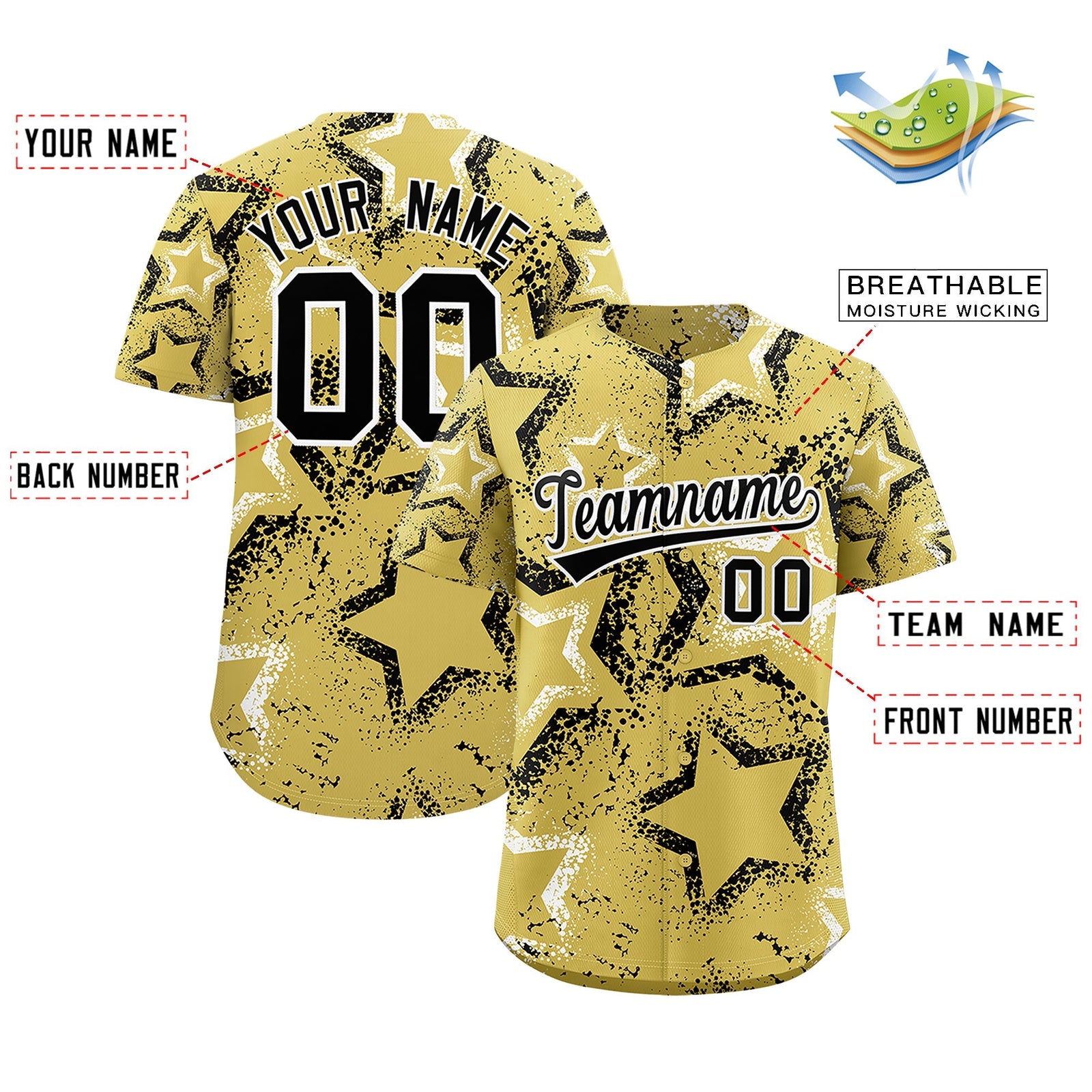 Custom Old Gold White Black Star-Shaped Ink Texture Graffiti Pattern Baseball Jersey | Sublimation Printed & Stitched,Add Name and Numbern,Perfect for Parties,Perfect for Training | KXKSHOP