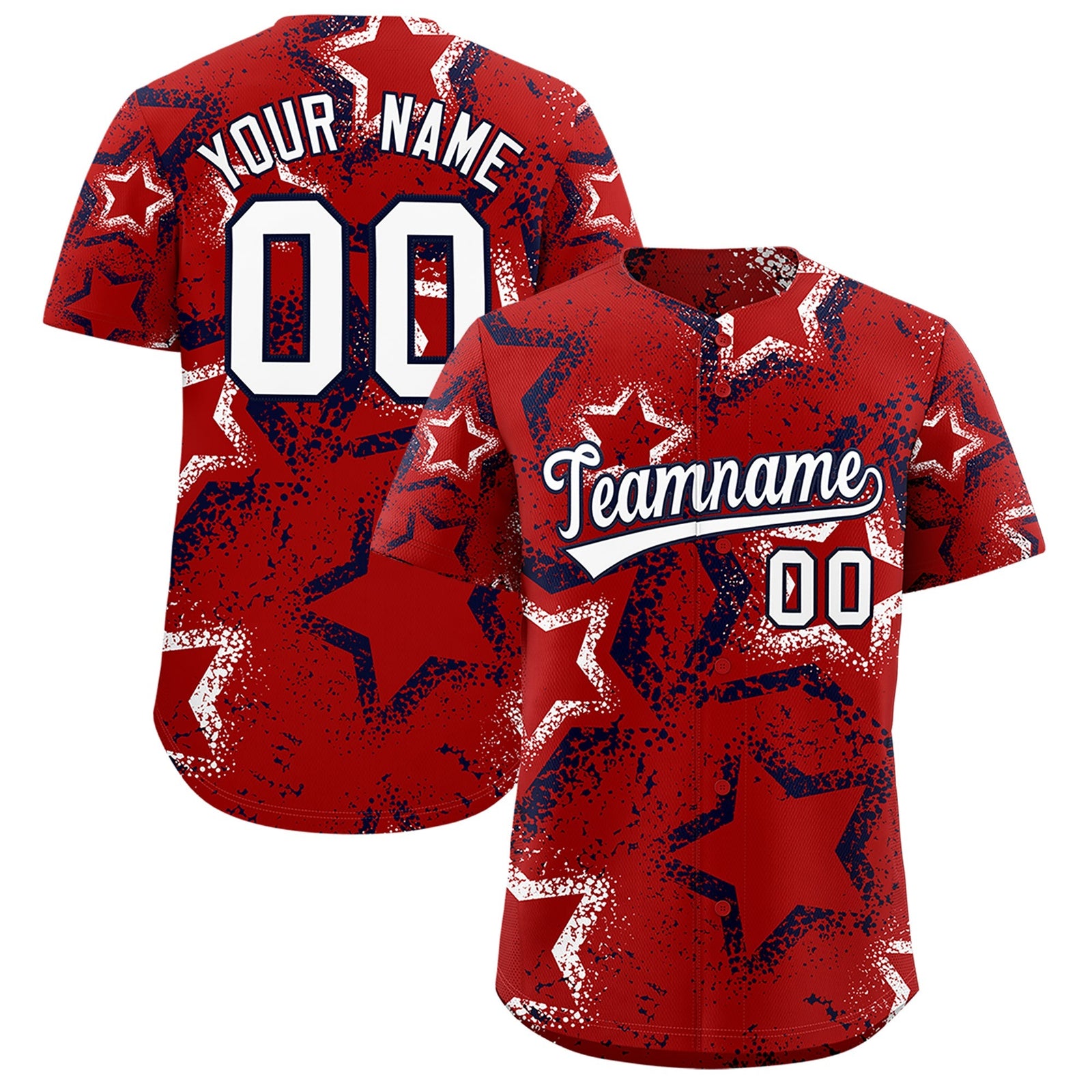 Custom Red White Navy Star-Shaped Ink Texture Graffiti Pattern Baseball Jersey | Sublimation Printed & Stitched,Add Name and Numbern,Perfect for Parties,Perfect for Training | KXKSHOP