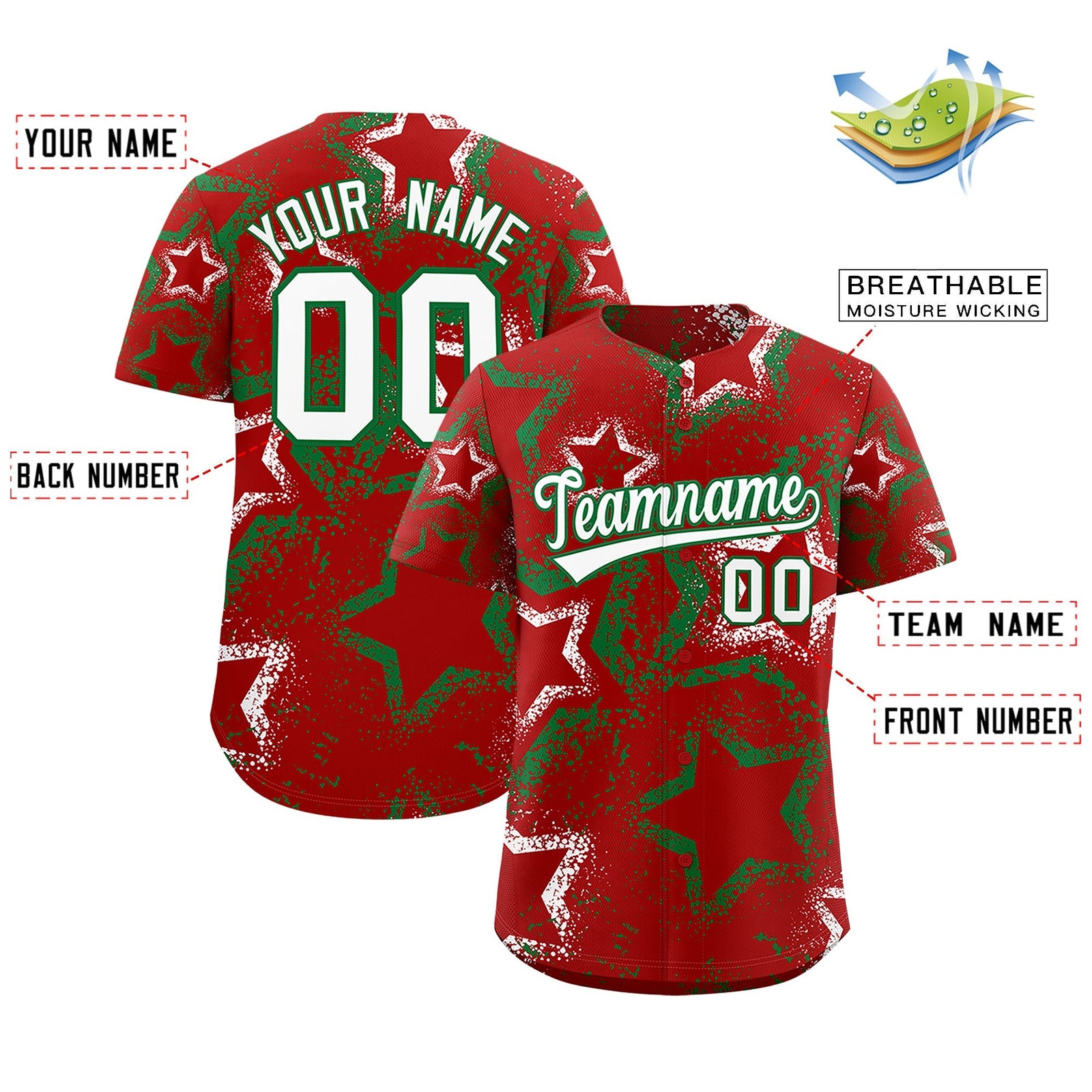 Custom Red White Kelly Green Star-Shaped Ink Texture Graffiti Pattern Baseball Jersey | Sublimation Printed & Stitched,Add Name and Numbern,Perfect for Parties,Perfect for Training | KXKSHOP