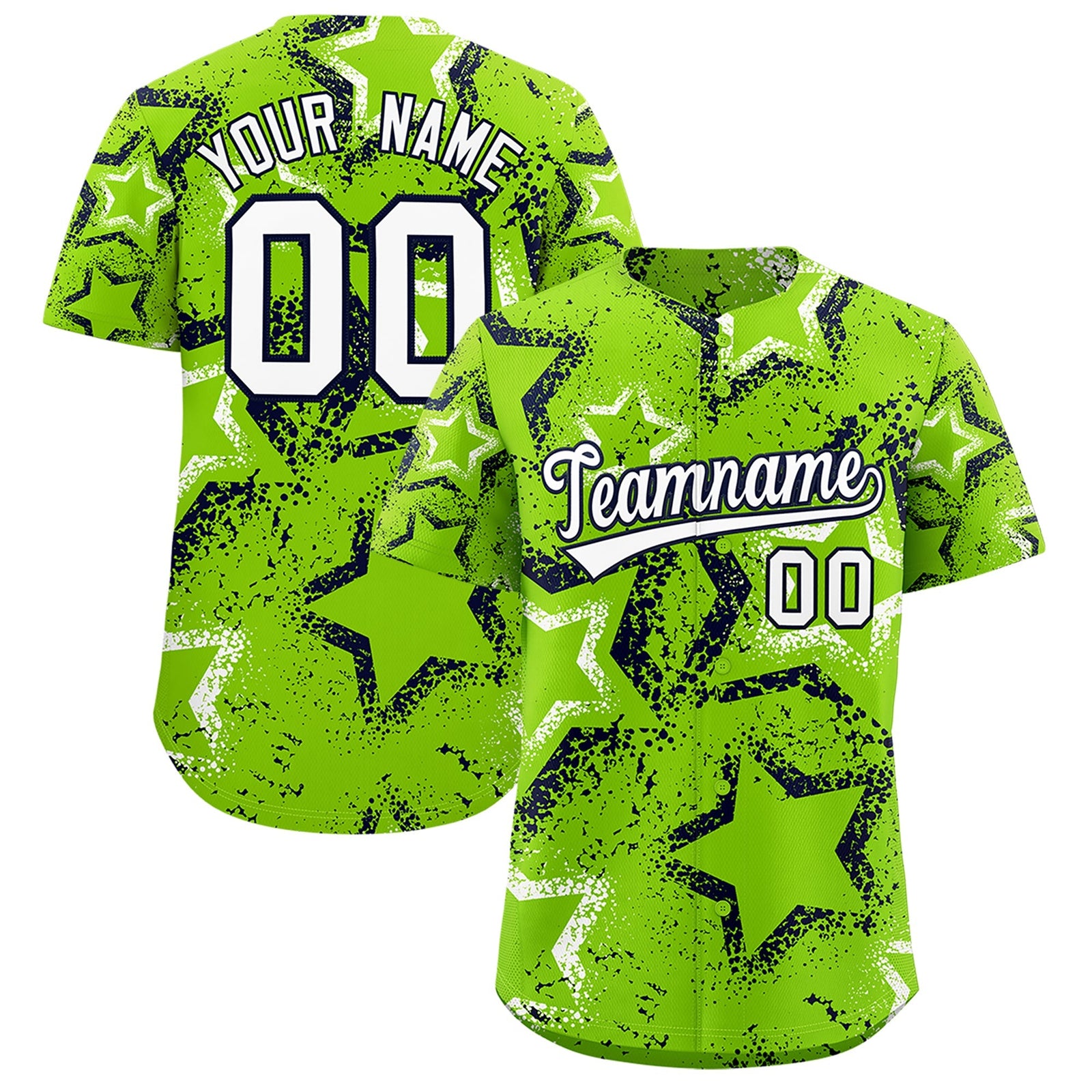 Custom Neon Green White Navy Star-Shaped Ink Texture Graffiti Pattern Baseball Jersey | Sublimation Printed & Stitched,Add Name and Numbern,Perfect for Parties,Perfect for Training | KXKSHOP